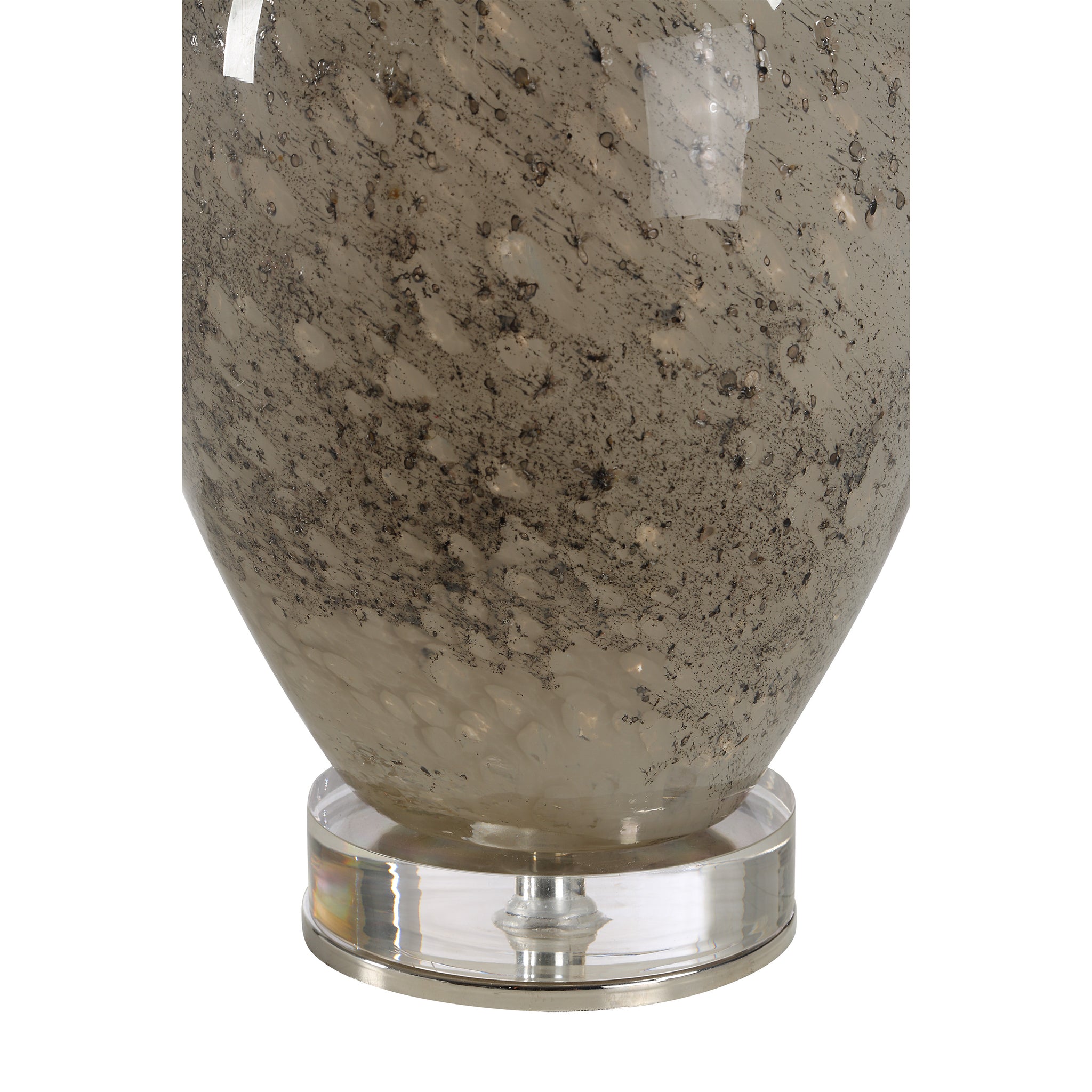 Close-up of Vienne Table Lamp's speckled gray glass base and clear acrylic stand.