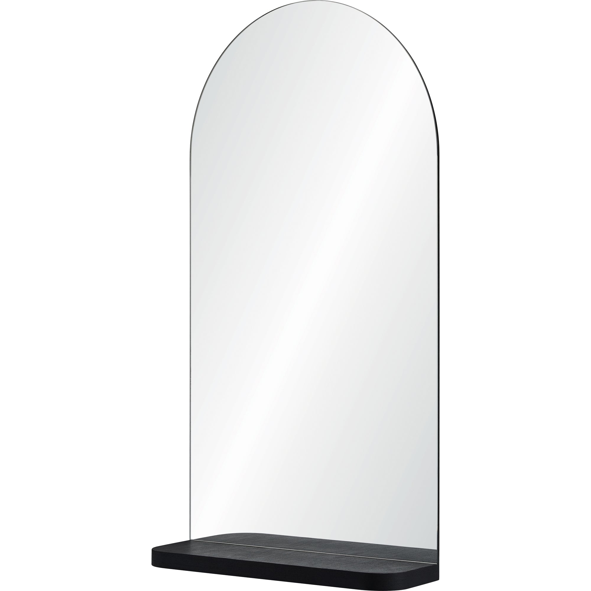 Lucila Wall Mirror featuring an arched design and black shelf, angled view