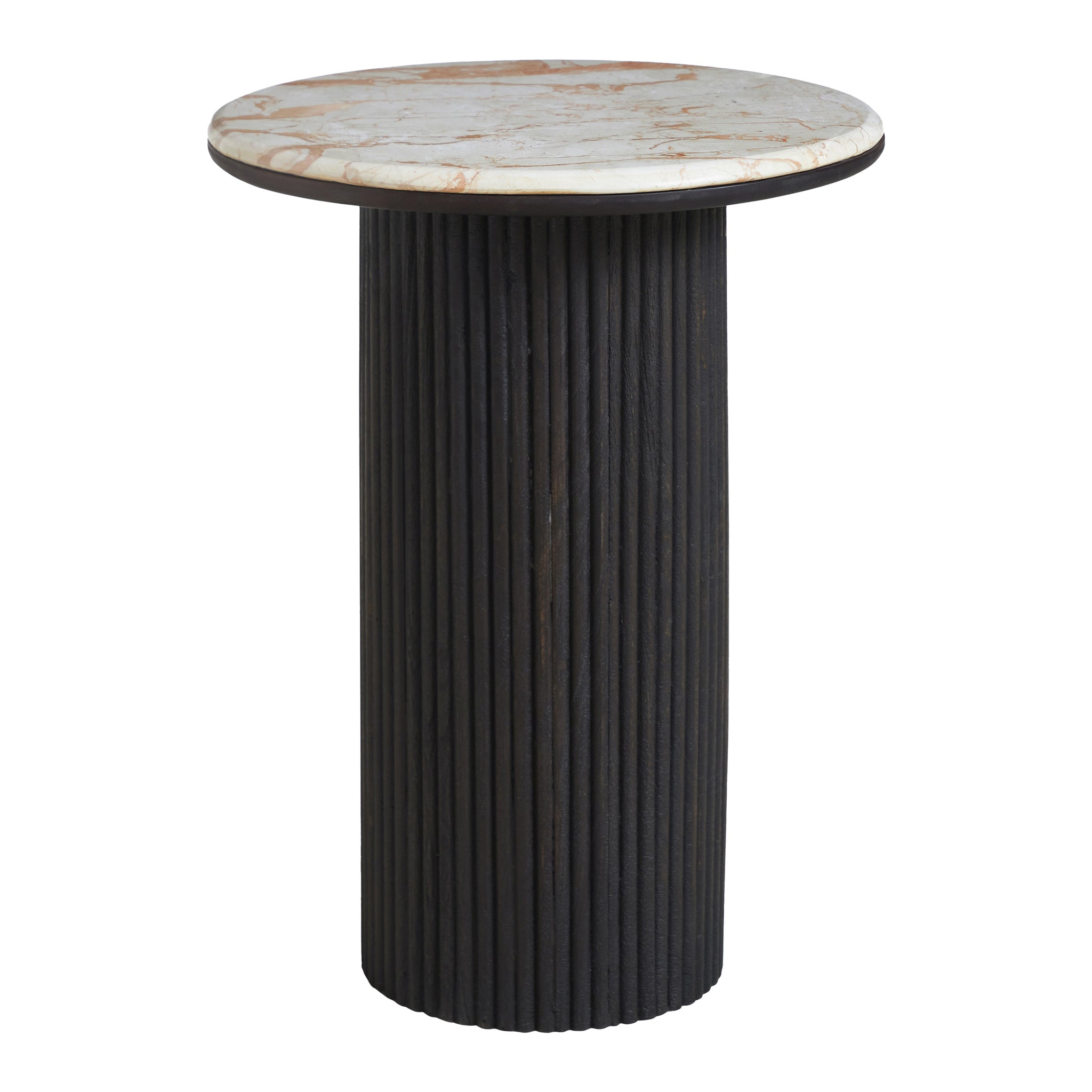 Alessio accent table with a round marble top and ribbed black base.