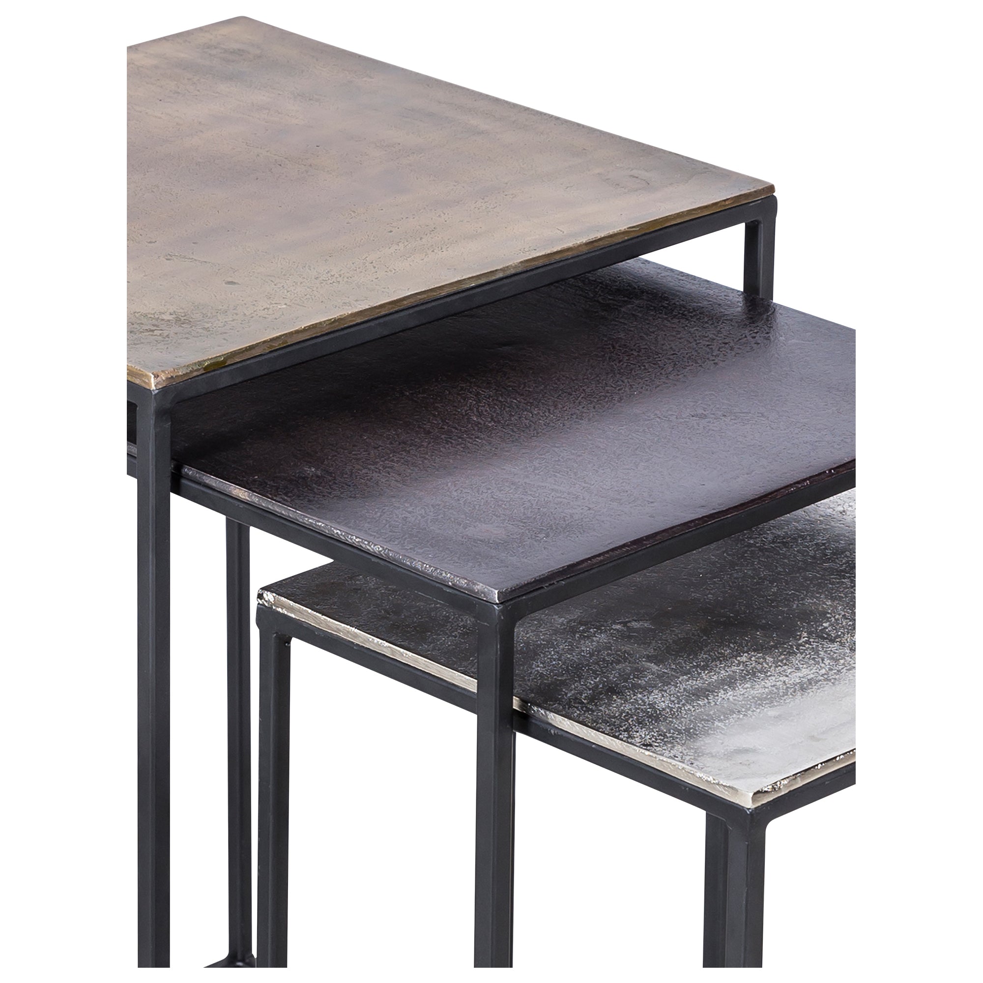 Threefold Indoor Aluminum Table featuring three tabletops in antique brass, dark brown, and silver, with a black frame.