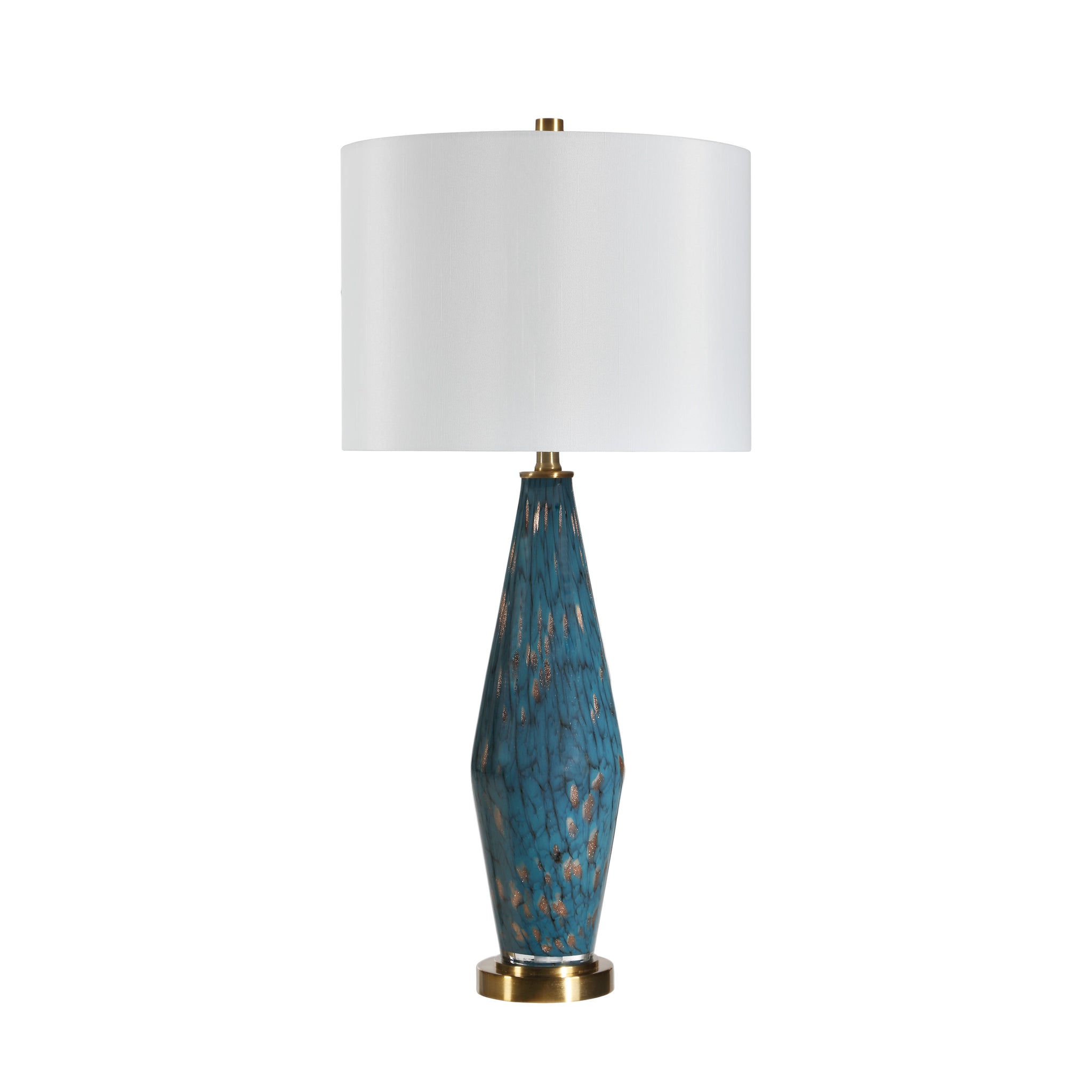 Milo Table Lamp with a teal ceramic base and white fabric shade, featuring a gold accent.