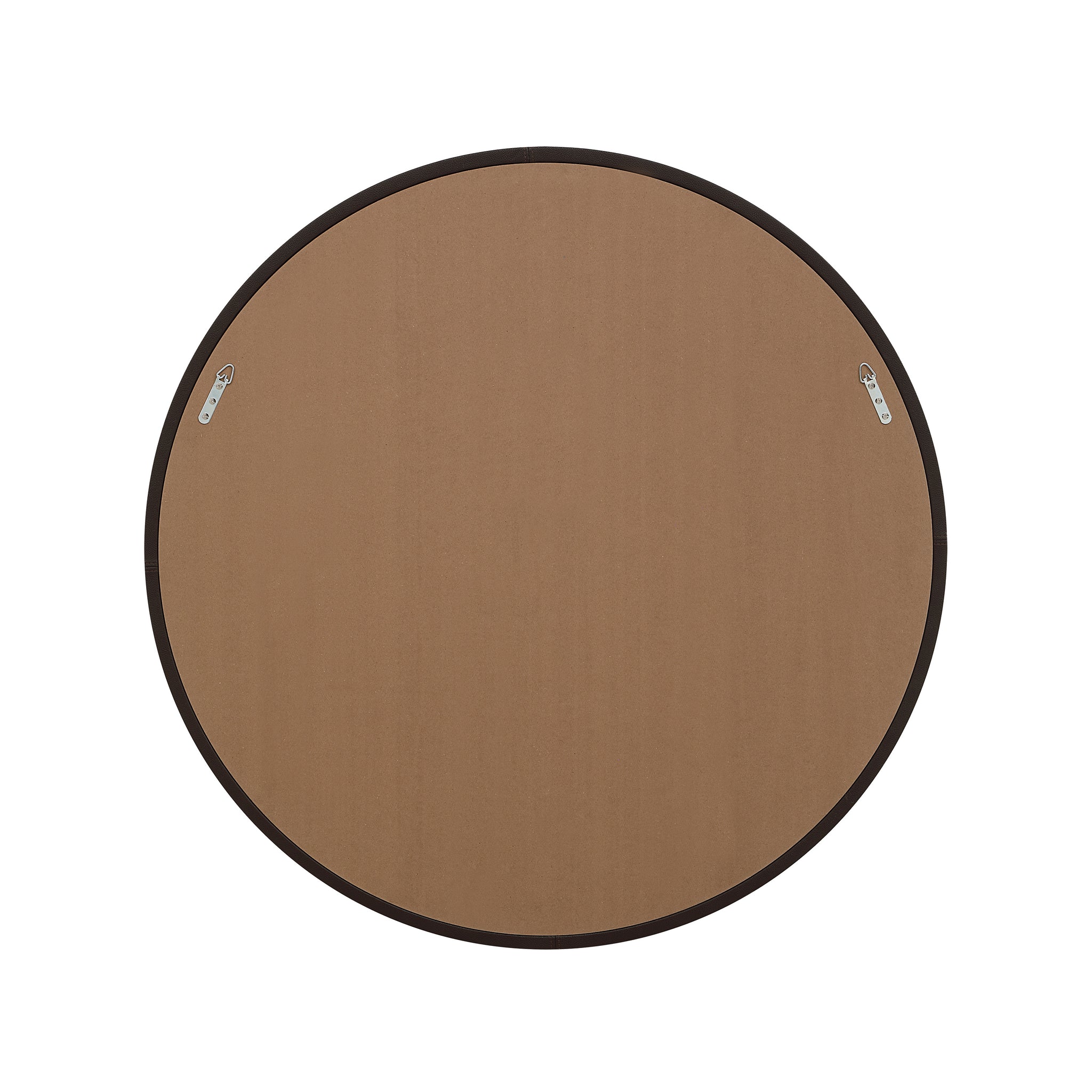 Back view of Potro mirror with a round design and brown finish.