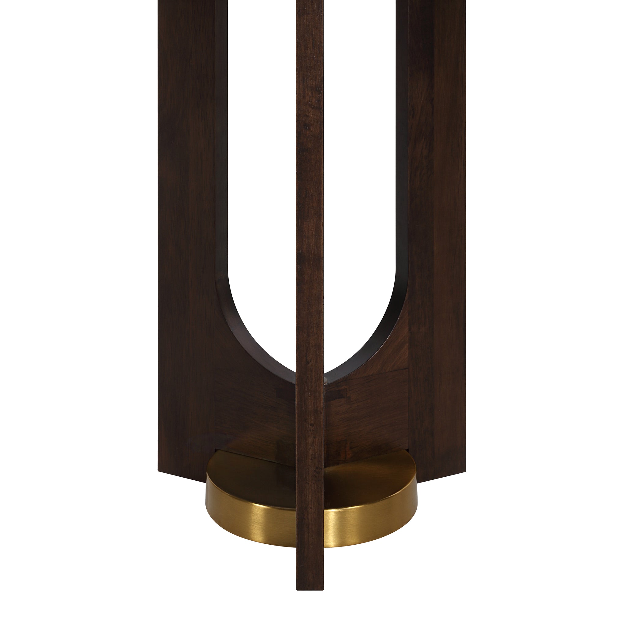 Close-up of Mael floor lamp's dark wood base with a gold circular bottom and open design.