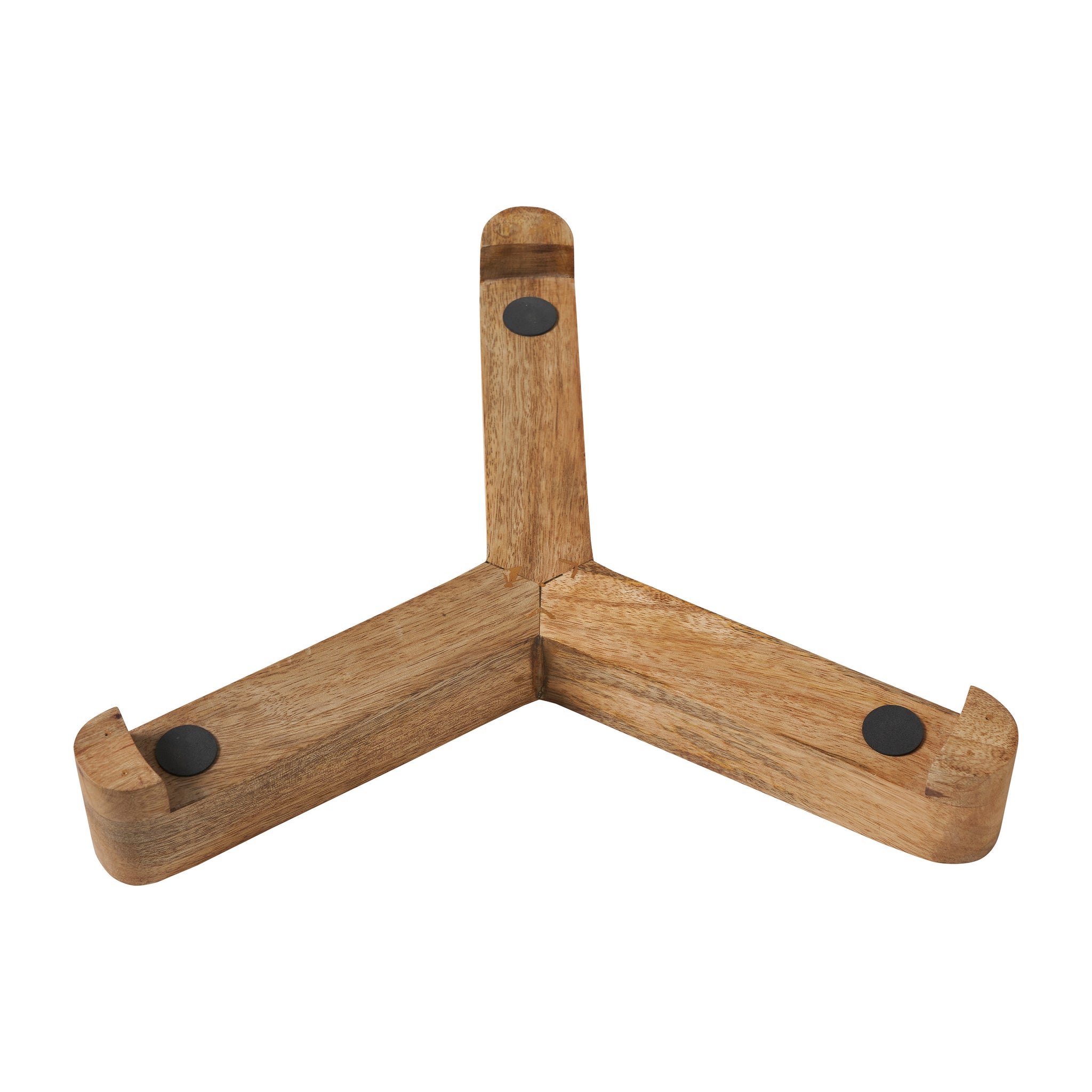 Lance wooden stand with three arms, featuring a natural wood finish and black rubber feet.