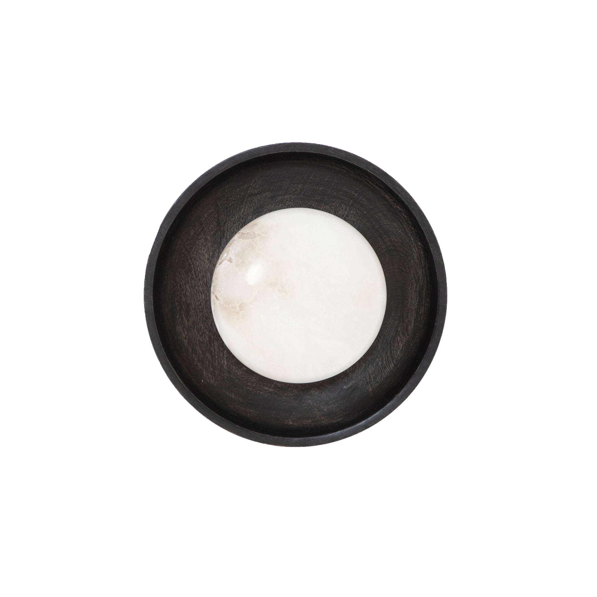 Haloa wall sconce with a round white alabaster bulb in a black wooden base