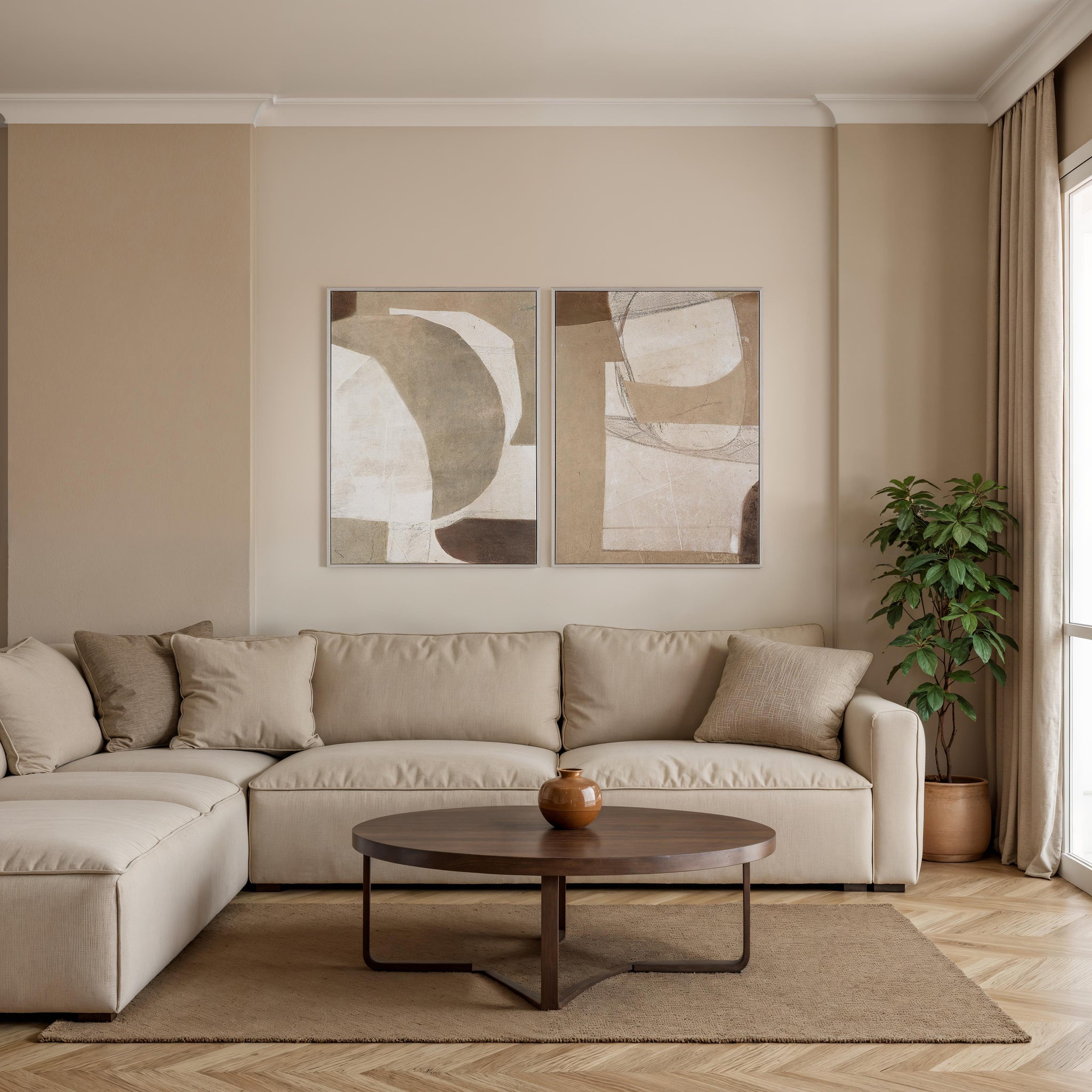 Living room scene featuring Alcea canvas art above a beige sectional sofa and wooden coffee table.