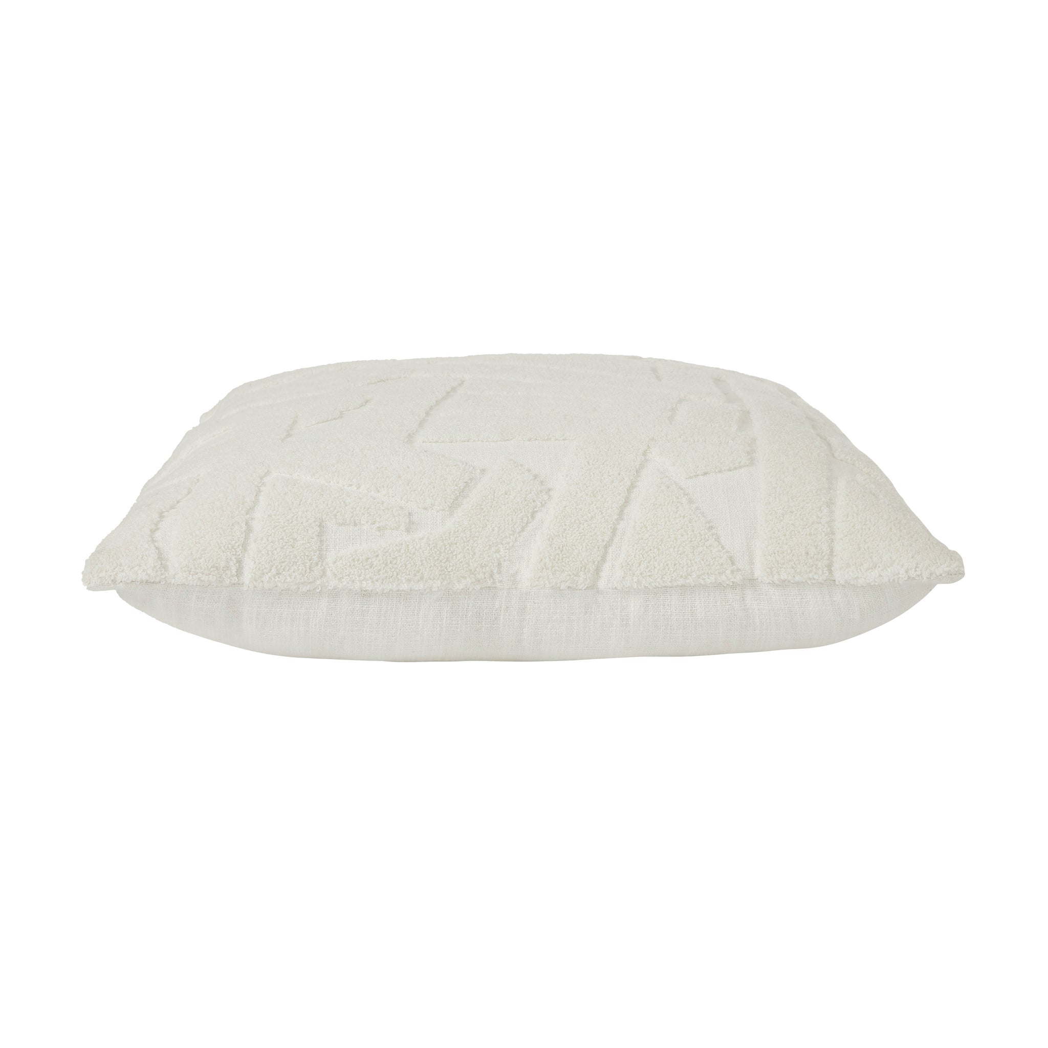 Side view of Merano indoor pillow in white with textured surface