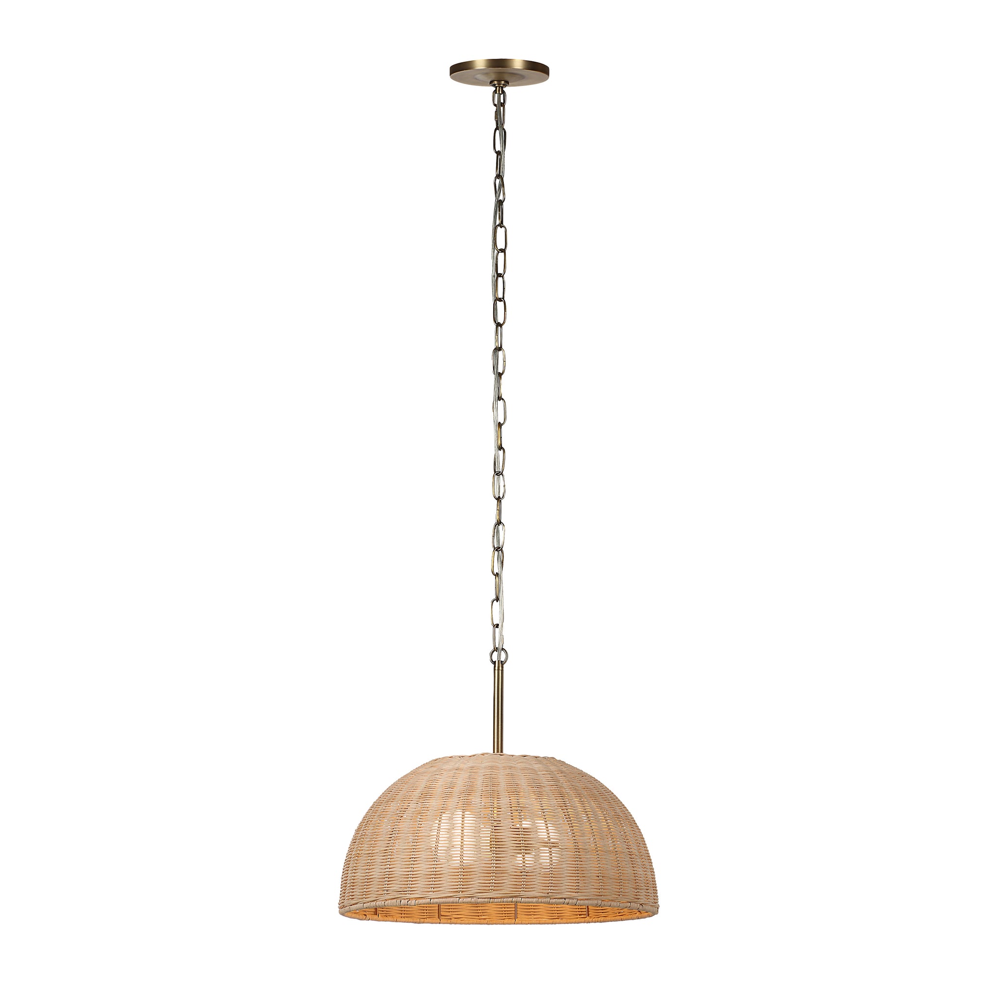 Ciara pendant light hanging from a ceiling with a long brass chain and natural rattan shade.