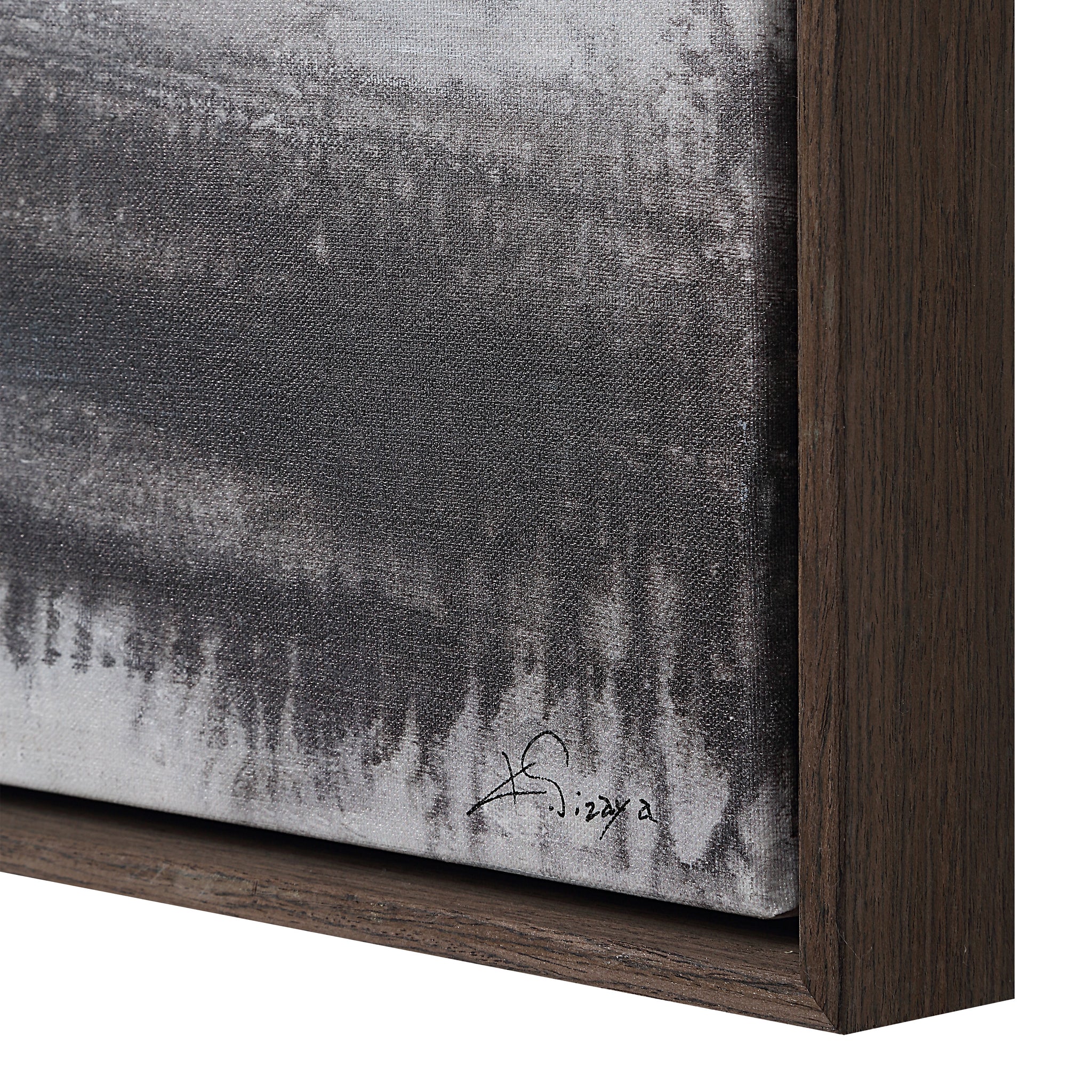Sweeney canvas art featuring abstract black and gray patterns with a wooden frame, showcasing textured detail.