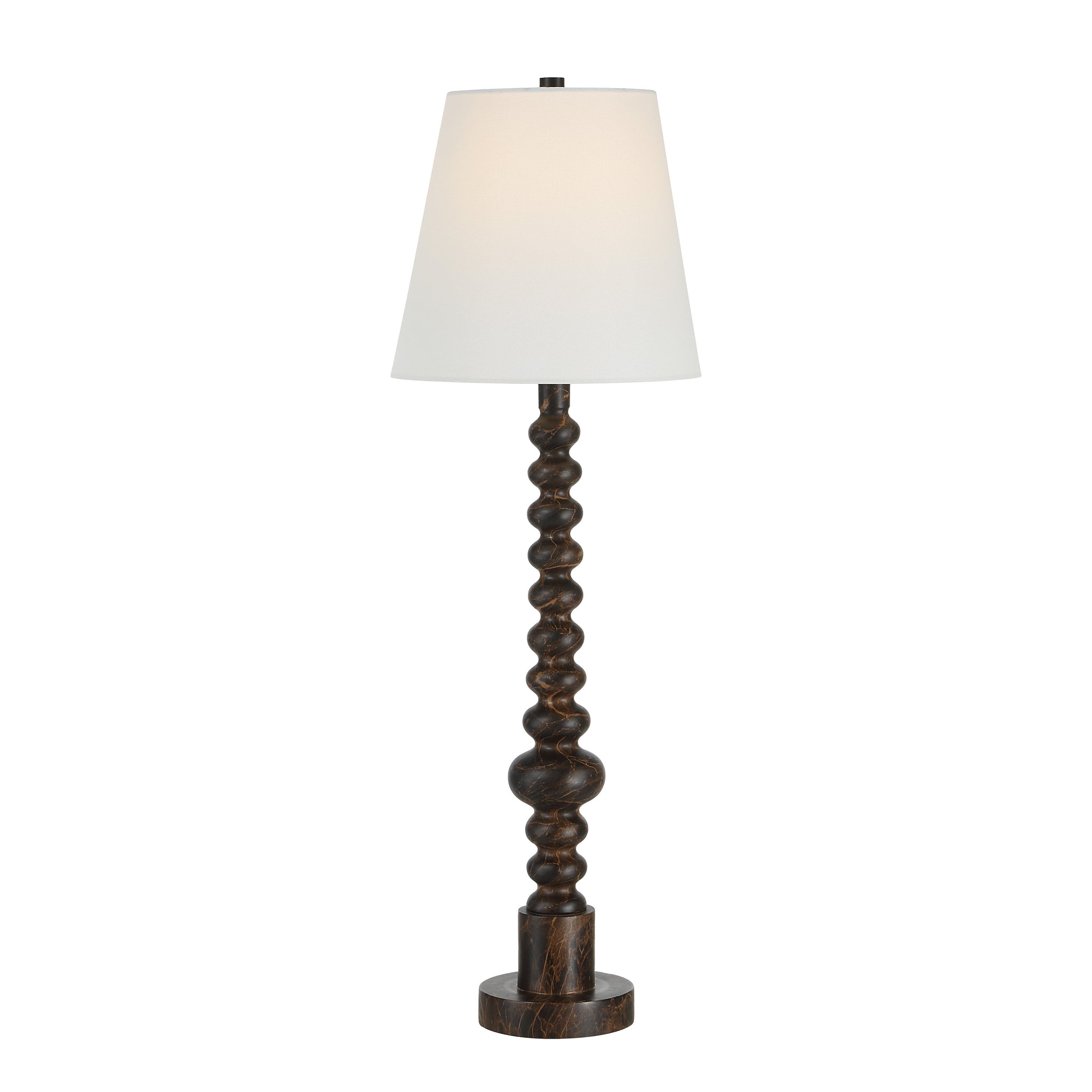 Famar Table Lamp featuring a dark wood base and illuminated white fabric shade