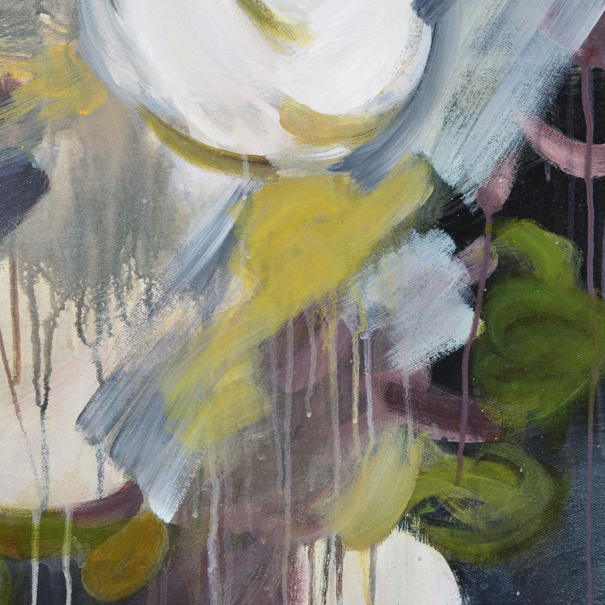Close-up of Gables canvas art, showcasing abstract floral details with paint drips.