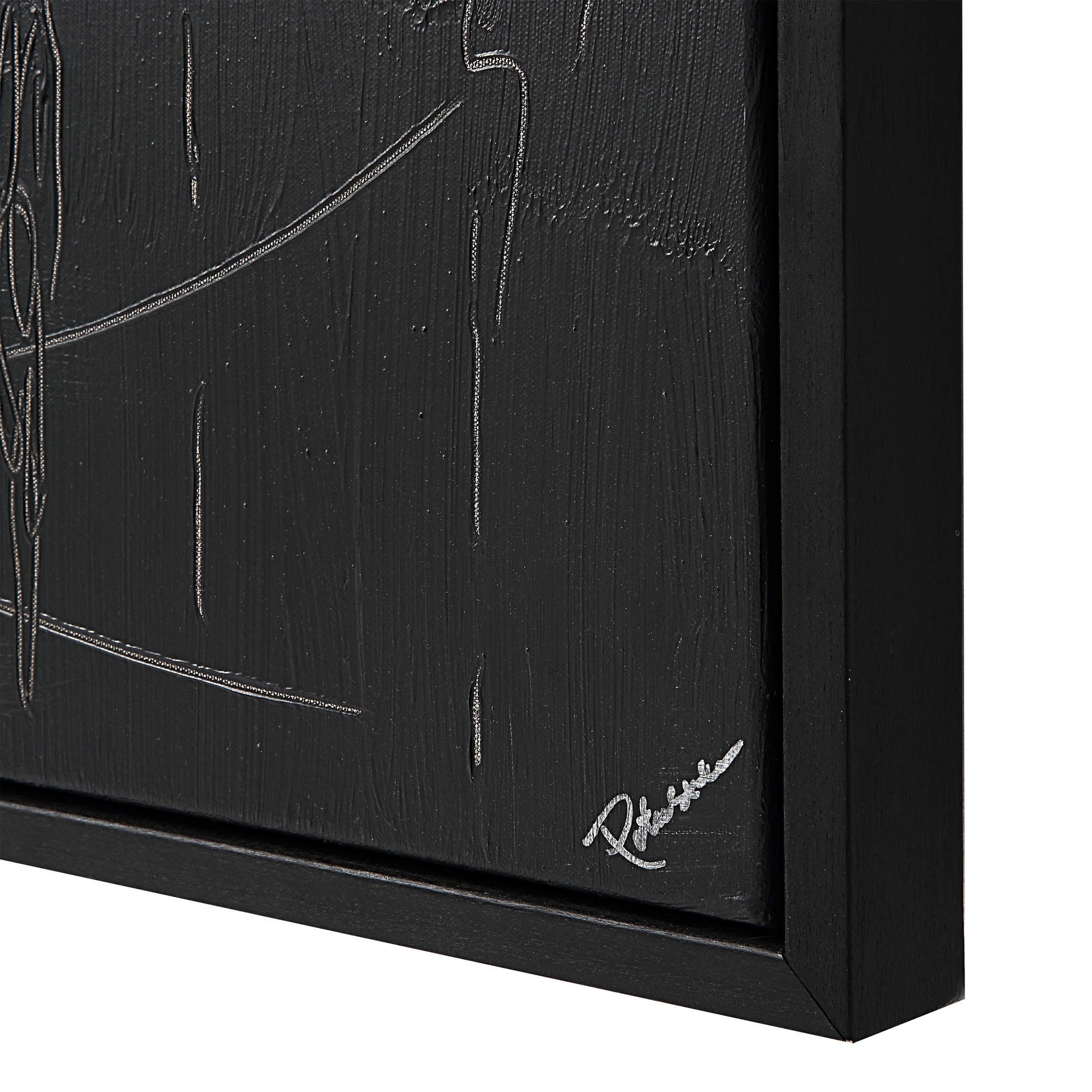 Close-up of Haiku Canvas Art by Renwil, highlighting textured black surface and signature