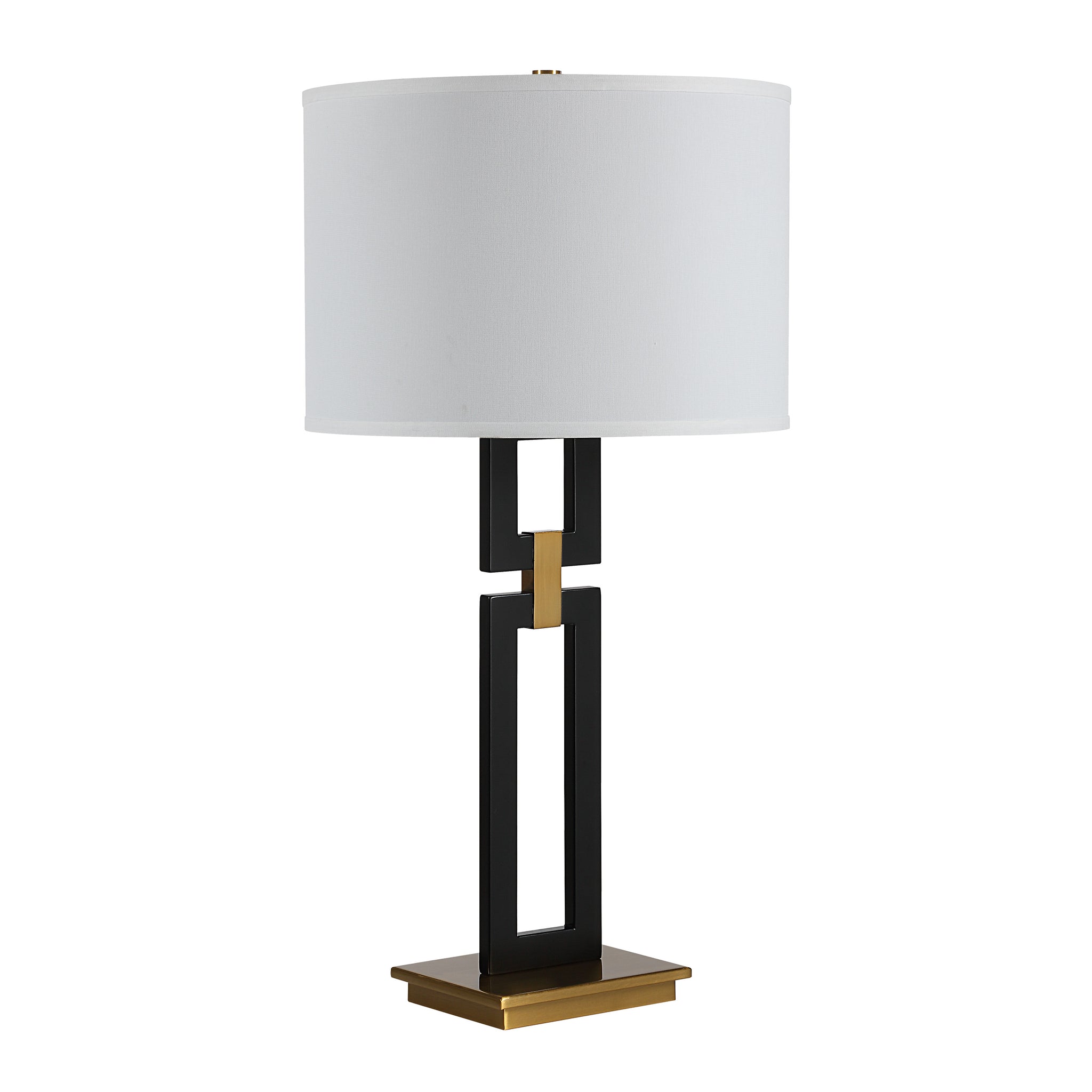 Lila Table Lamp featuring a white shade, black frame, and gold detailing.