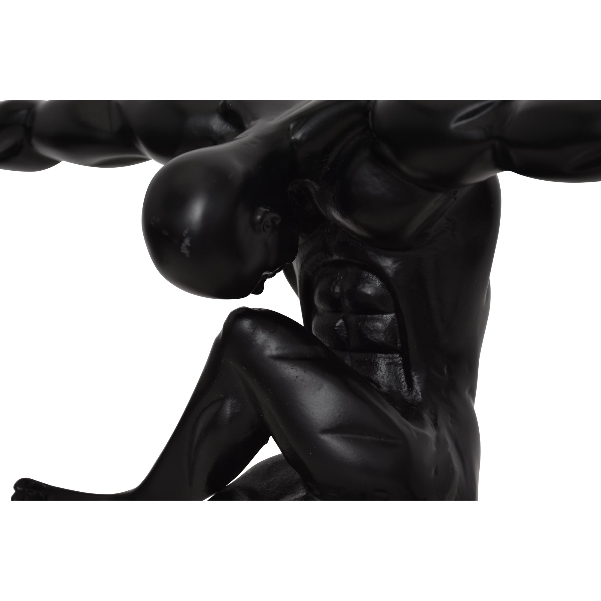 Close-up of Mortal Statue by Renwil, highlighting muscular details and black finish.