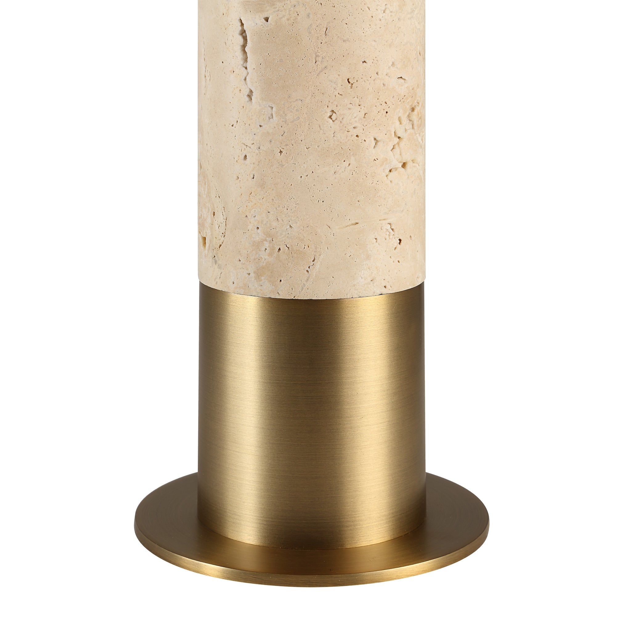 Close-up of Amadora table lamp's beige stone base and brass accent