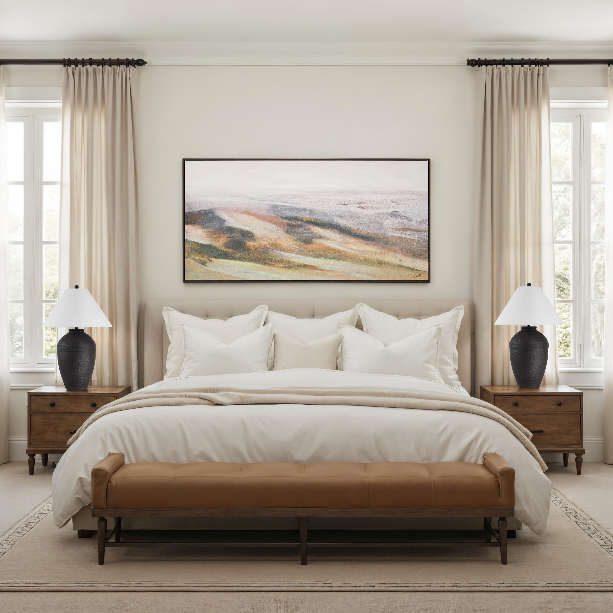 Cresta canvas art by Renwil featuring soft earth tones and abstract landscape design above a bed.
