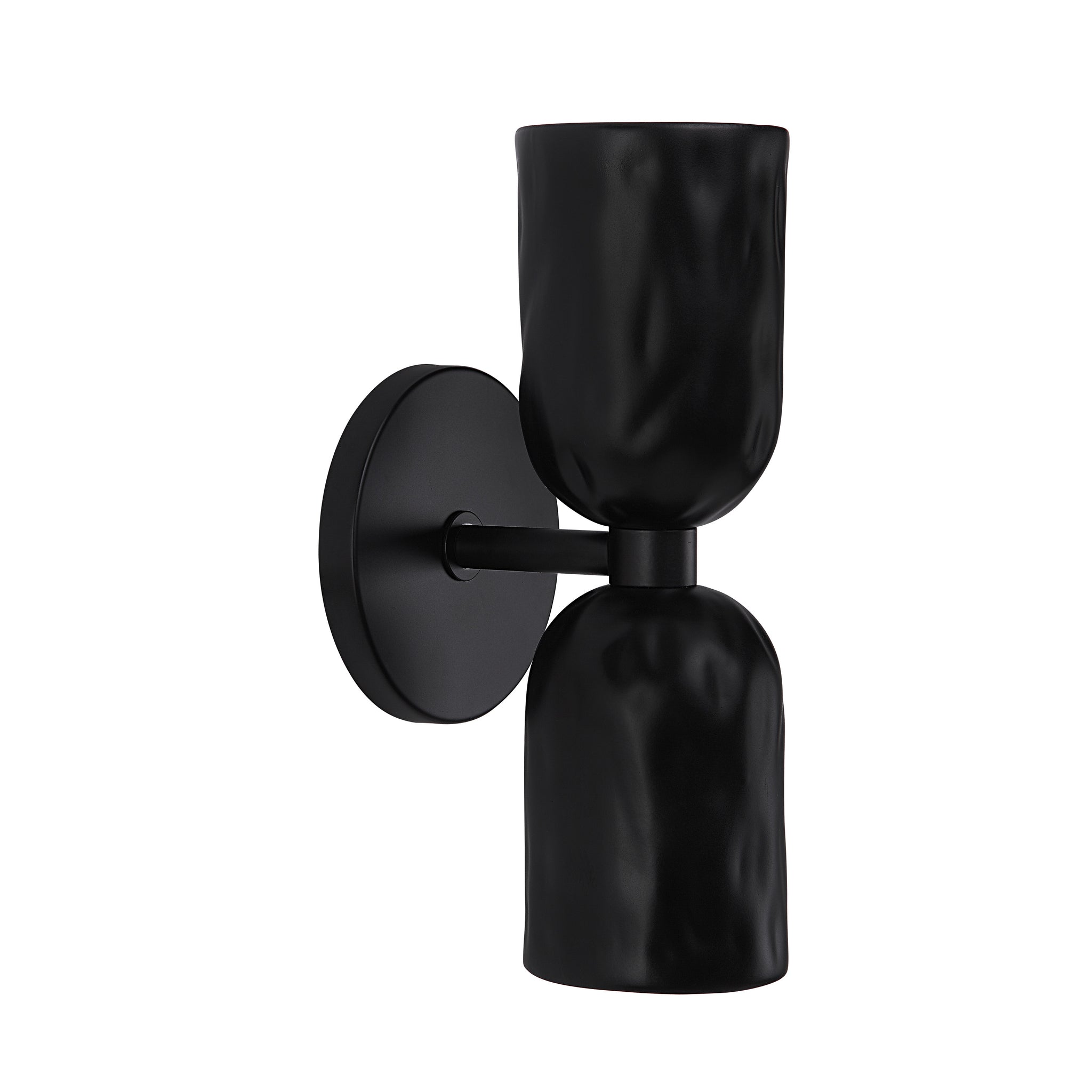 Alessia wall sconce in black with a textured, sculptural design and round backplate.