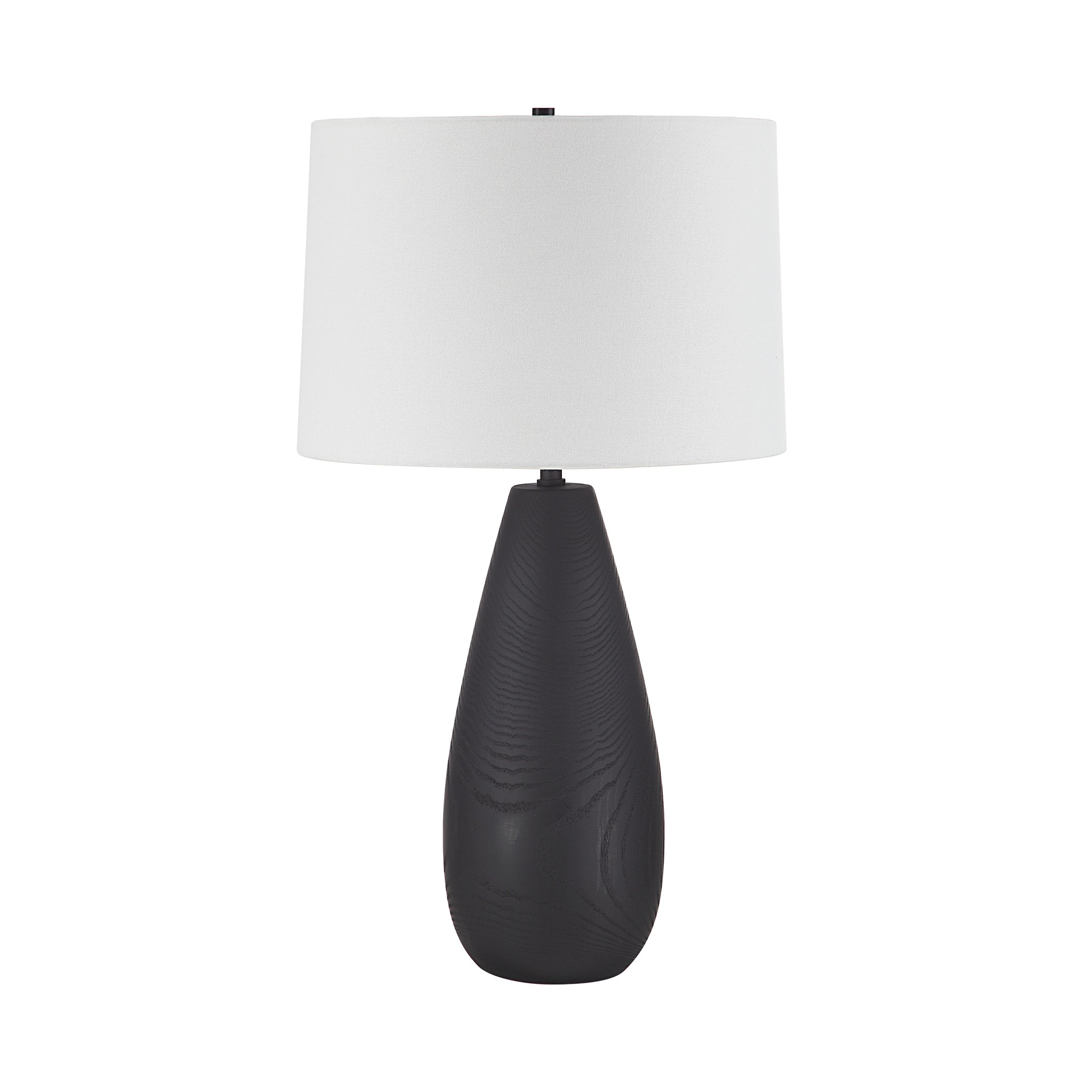 Tala Table Lamp with a black teardrop base and a white textured shade