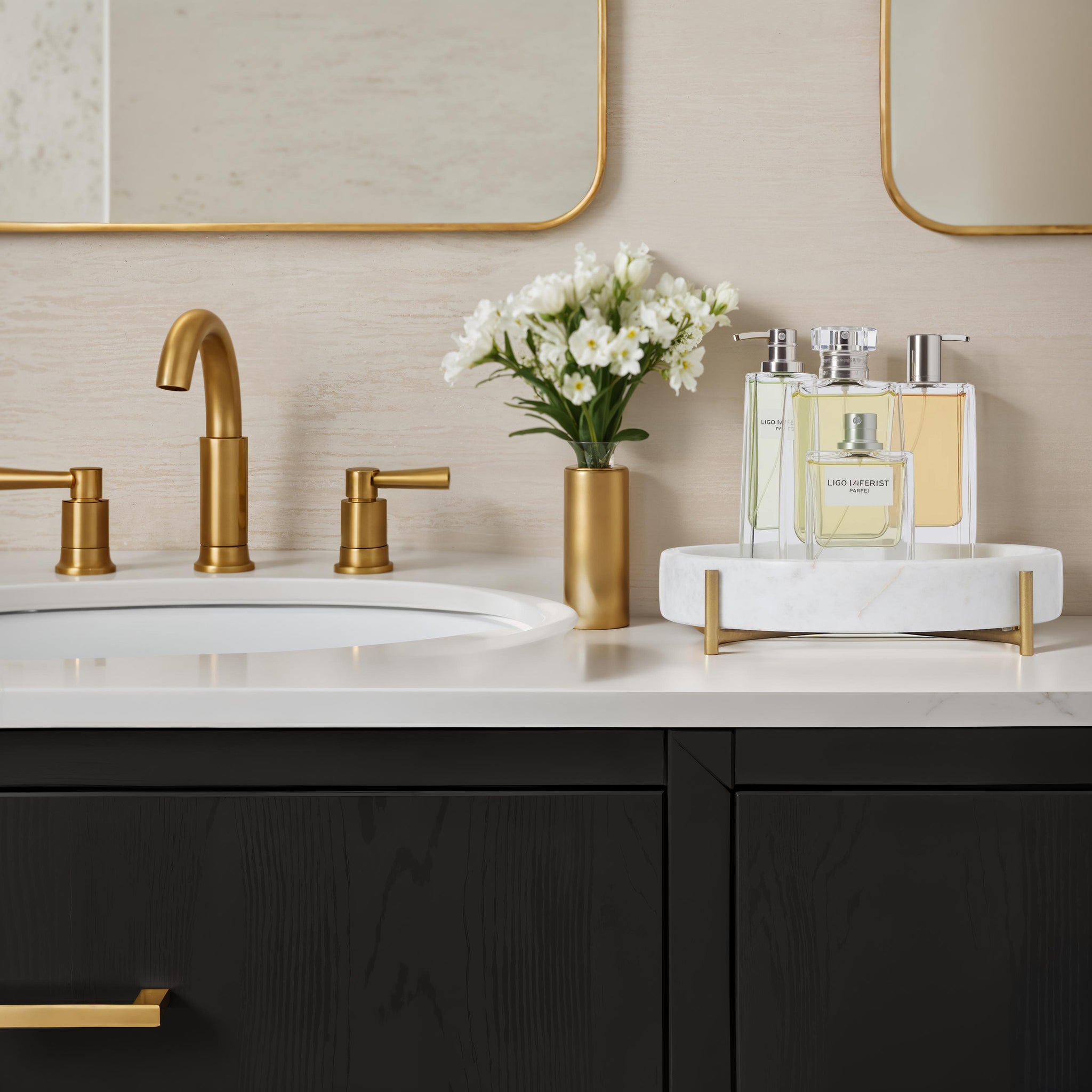 Lingby vase displayed with perfume bottles and a small flower arrangement in a bathroom.