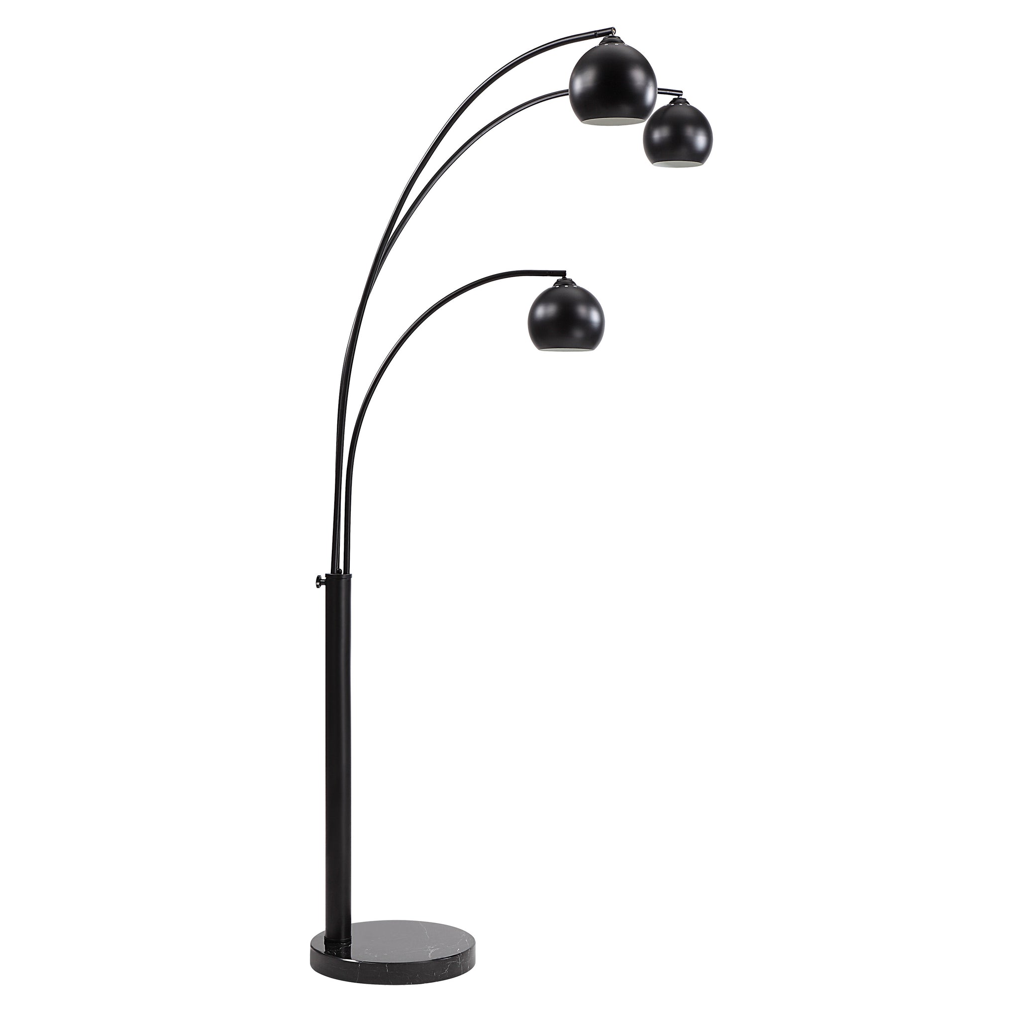 Folia Floor Lamp featuring three black globes on curved arms and a sturdy marble base.