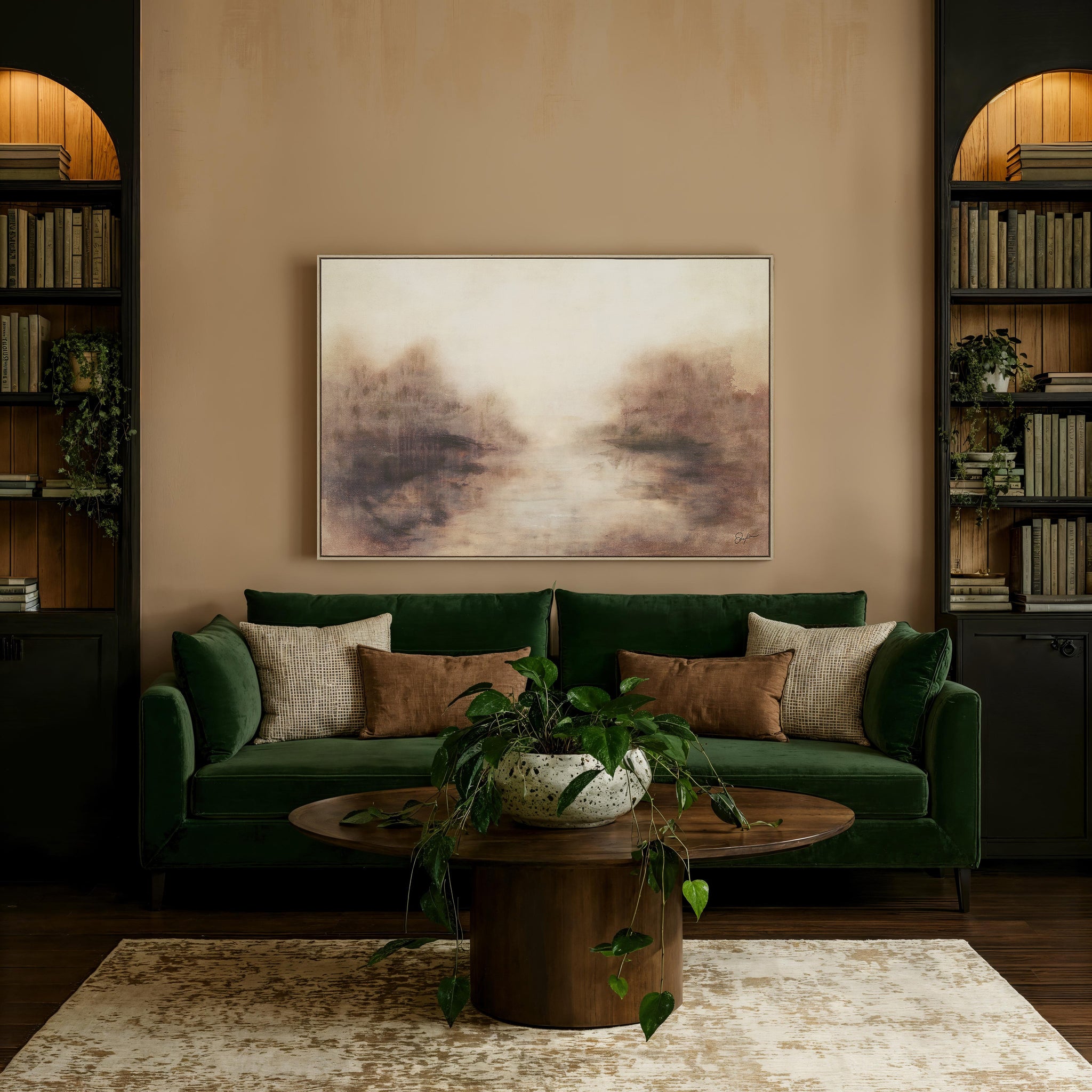Onda canvas art displayed in a cozy living room setting with green sofa and plants