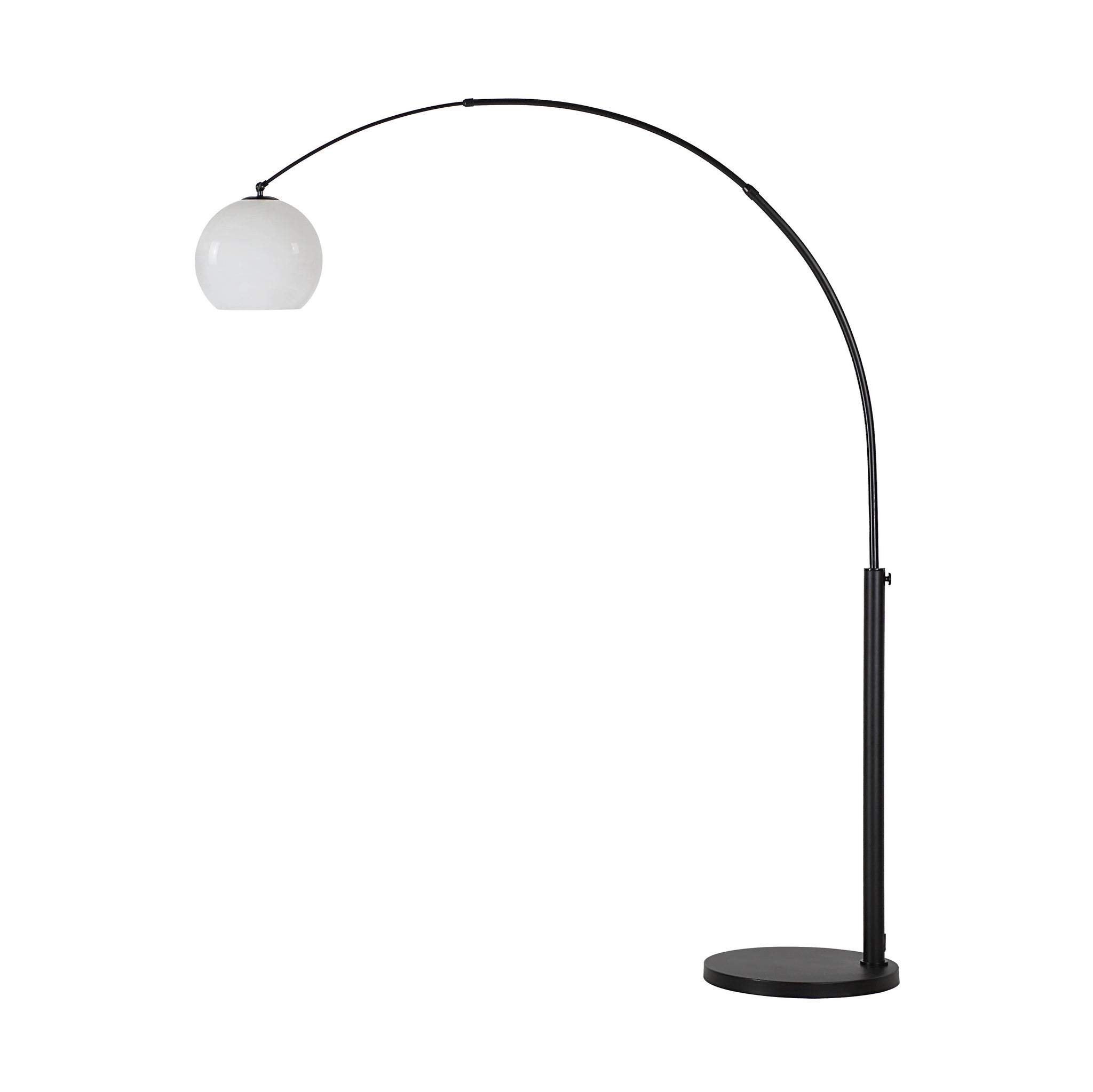 Pura Floor Lamp by Renwil, black metal base with white globe shade, arched design