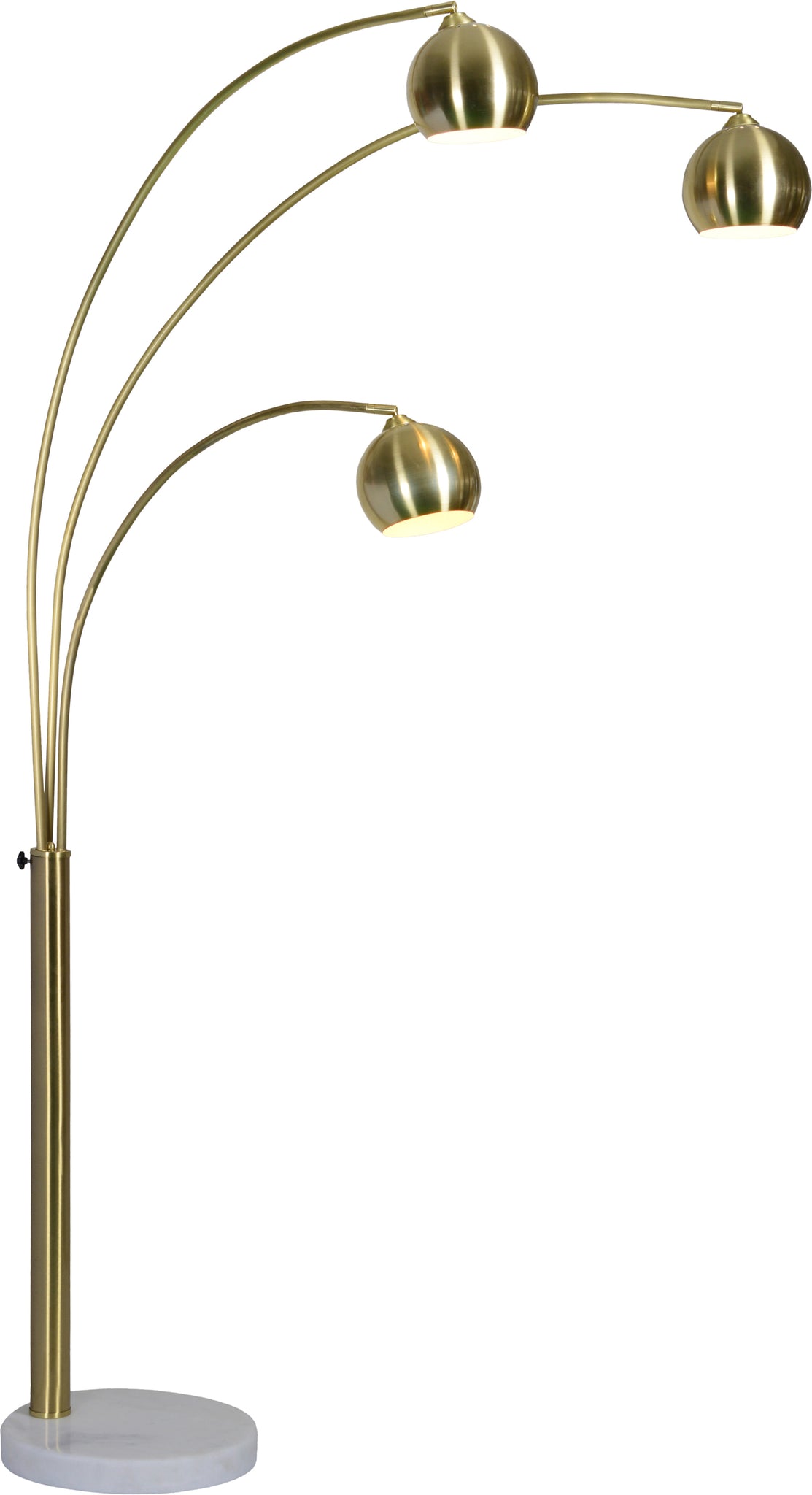 Dorset Floor Lamp with three brass shades and a white marble base, elegant curved design