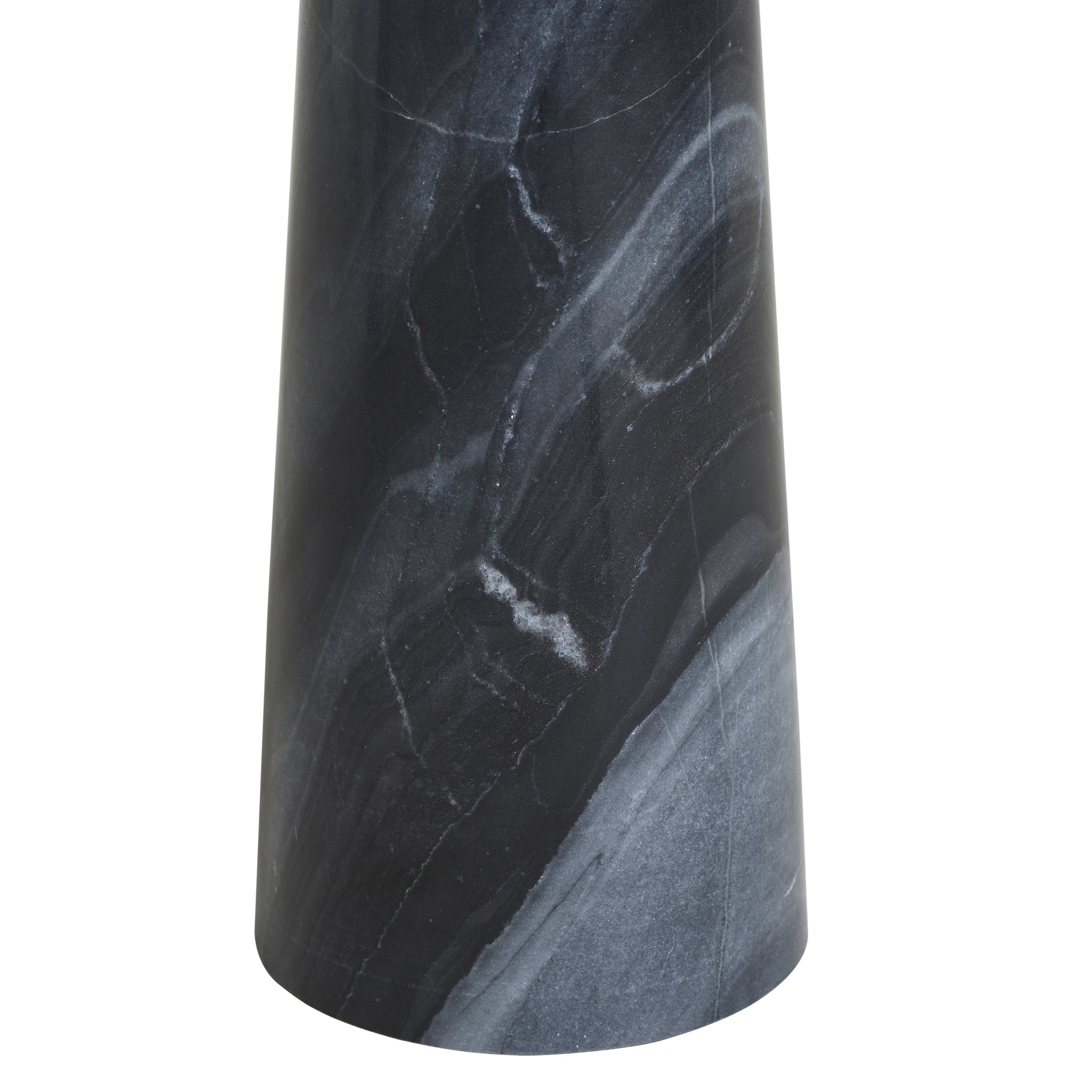 Mercura side table in black marble with striking gray veining, showcasing a sleek conical design.