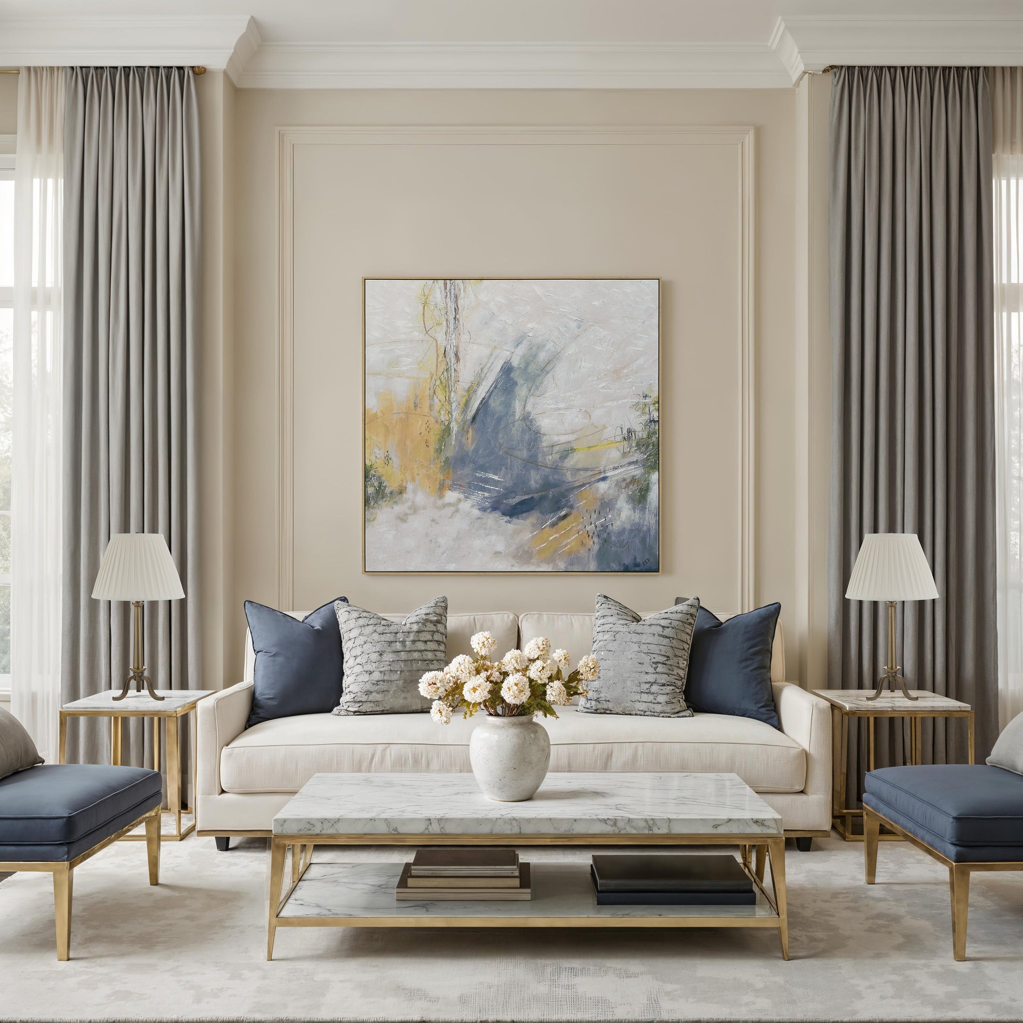 Eclat canvas art featuring abstract blue and gold design, framed, displayed in a modern living room.