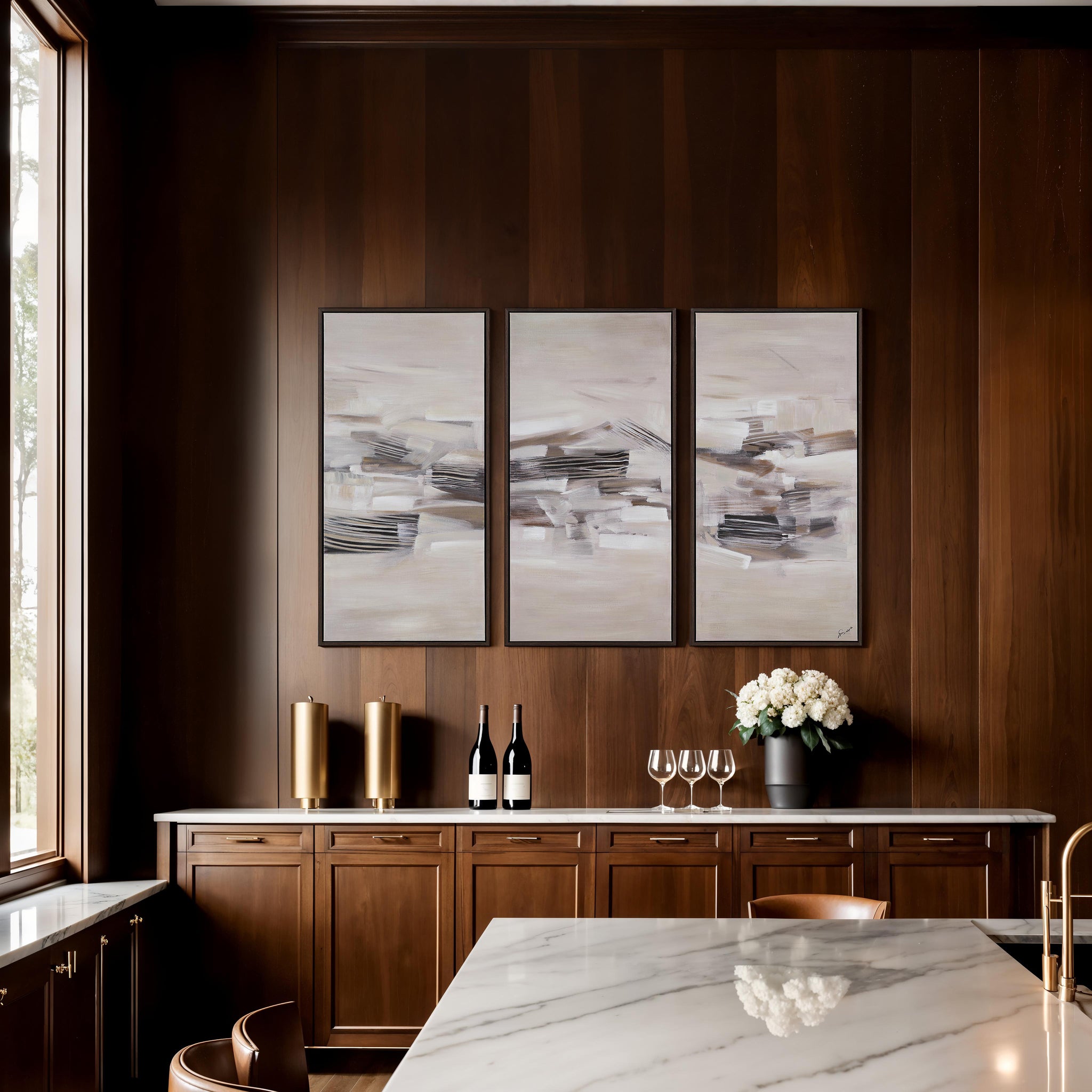 Lux canvas art by Renwil featuring three abstract panels in neutral tones.