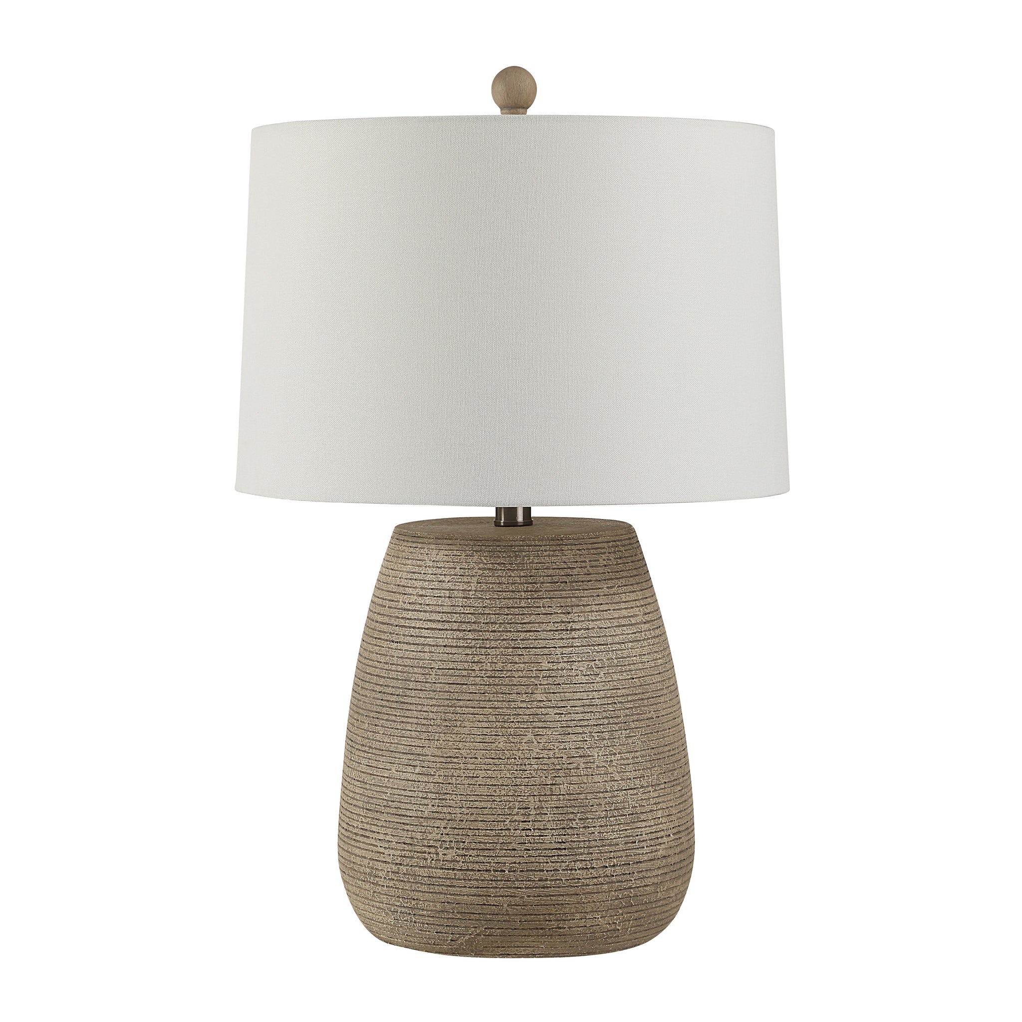 Optima table lamp with a textured beige base and white fabric shade.