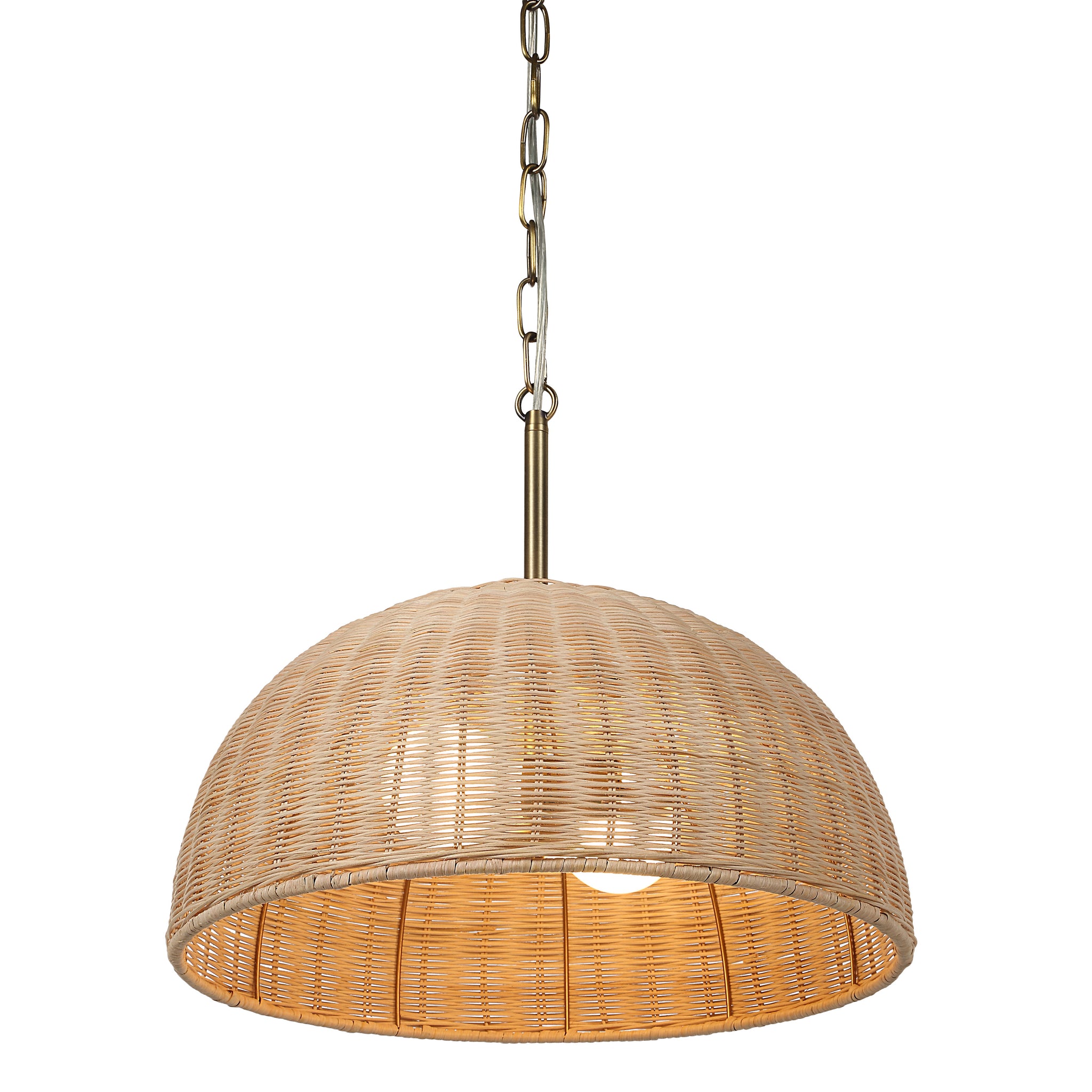 Ciara pendant light with a woven rattan shade, illuminated from within, showcasing a warm glow.