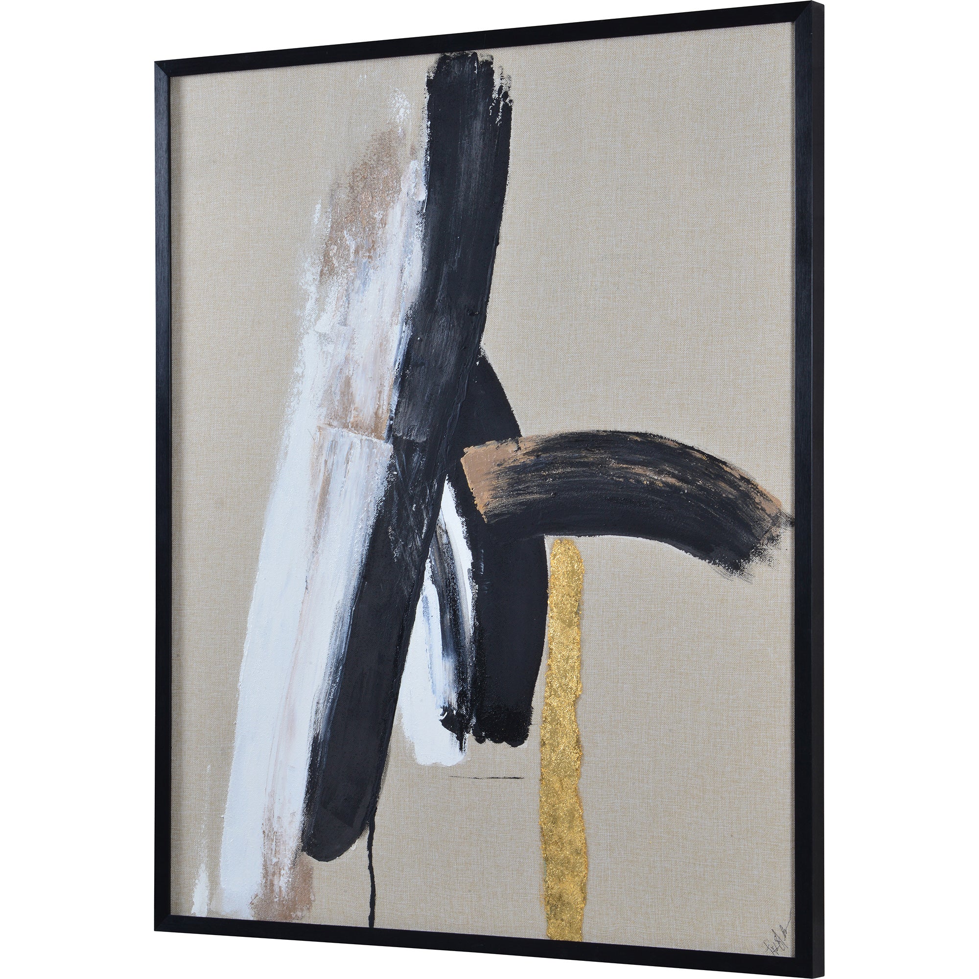 Ilya Canvas Art showcasing abstract black and white shapes with gold accents on beige fabric