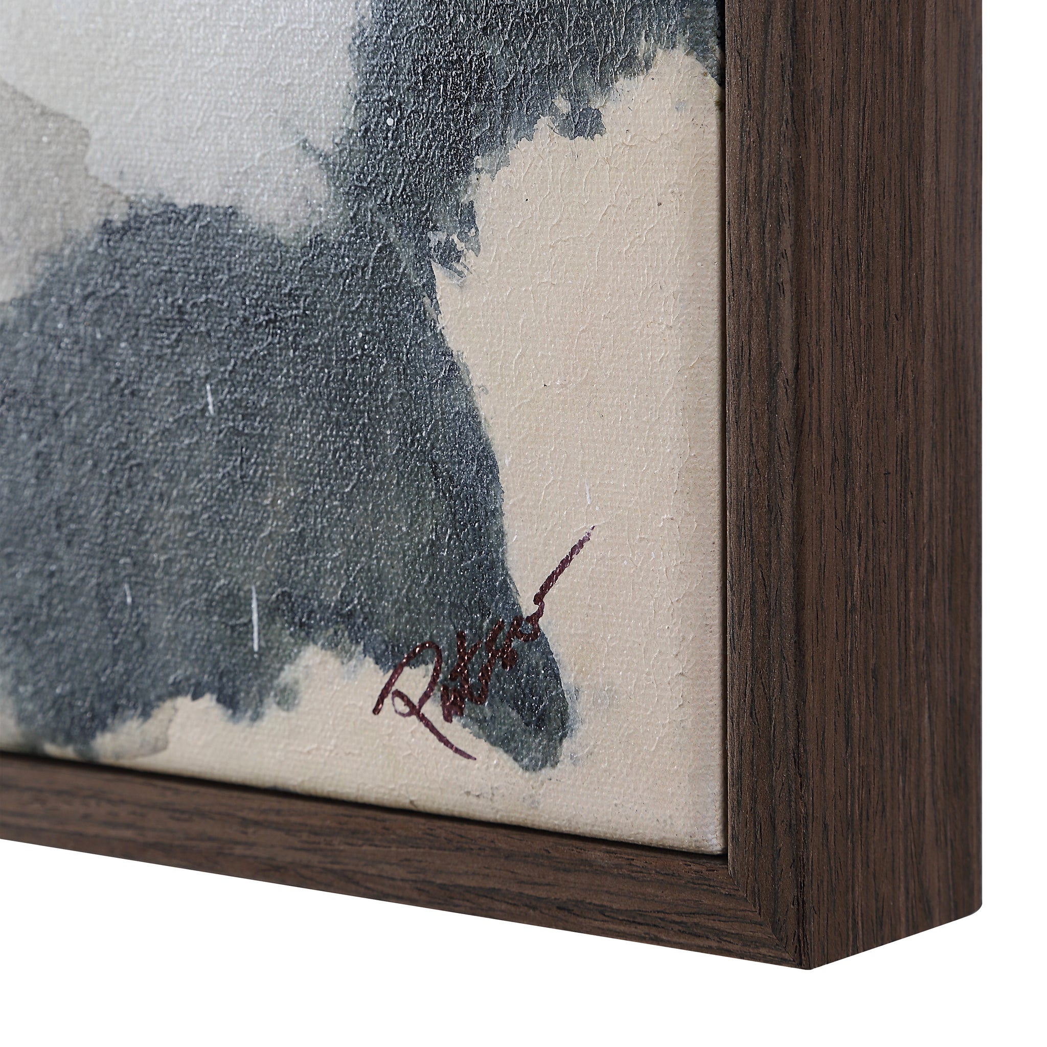 Close-up of Ceiba canvas art showing textured brush strokes and signature, framed in dark wood.