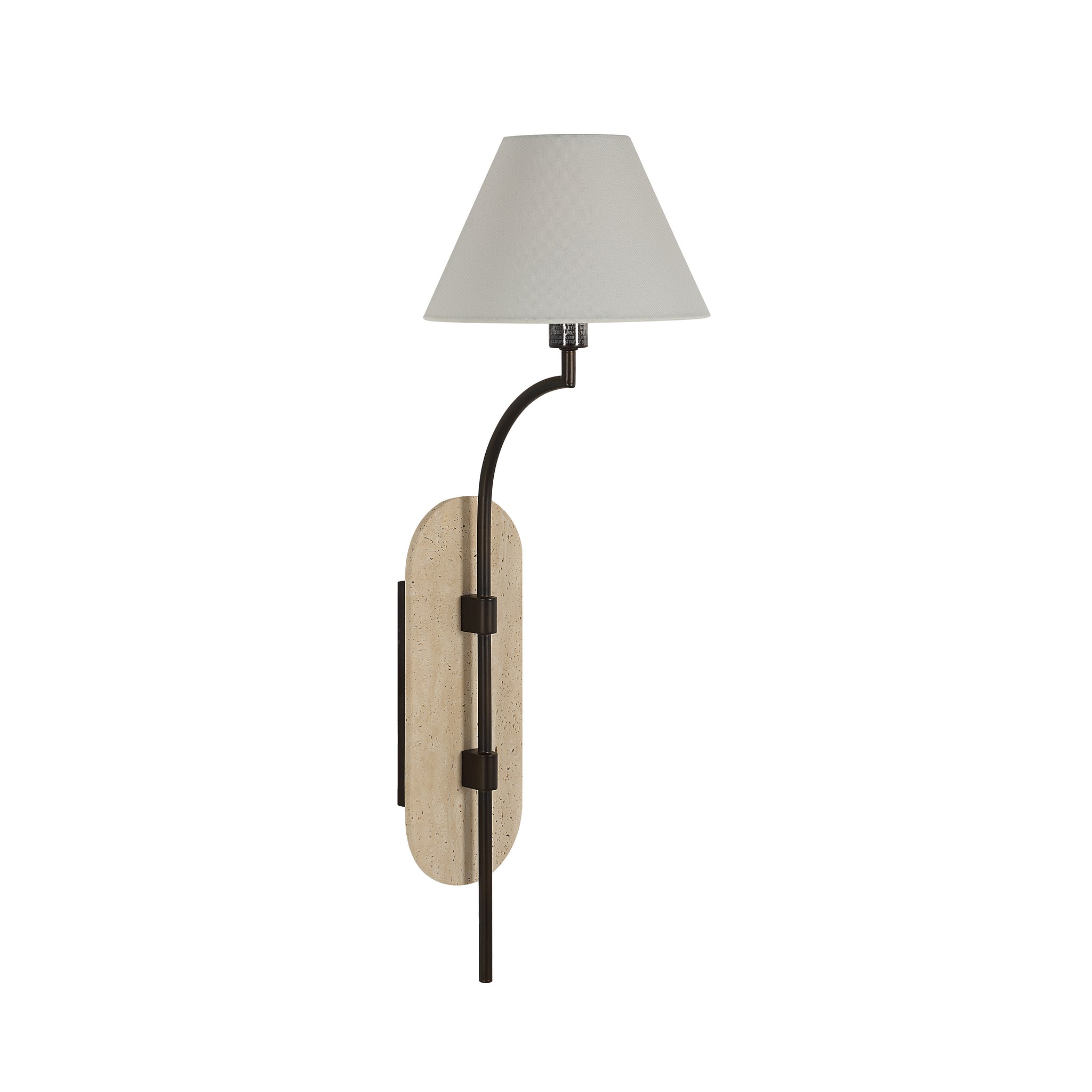Acca Wall Sconce featuring a beige stone base and a white lampshade, with a curved arm