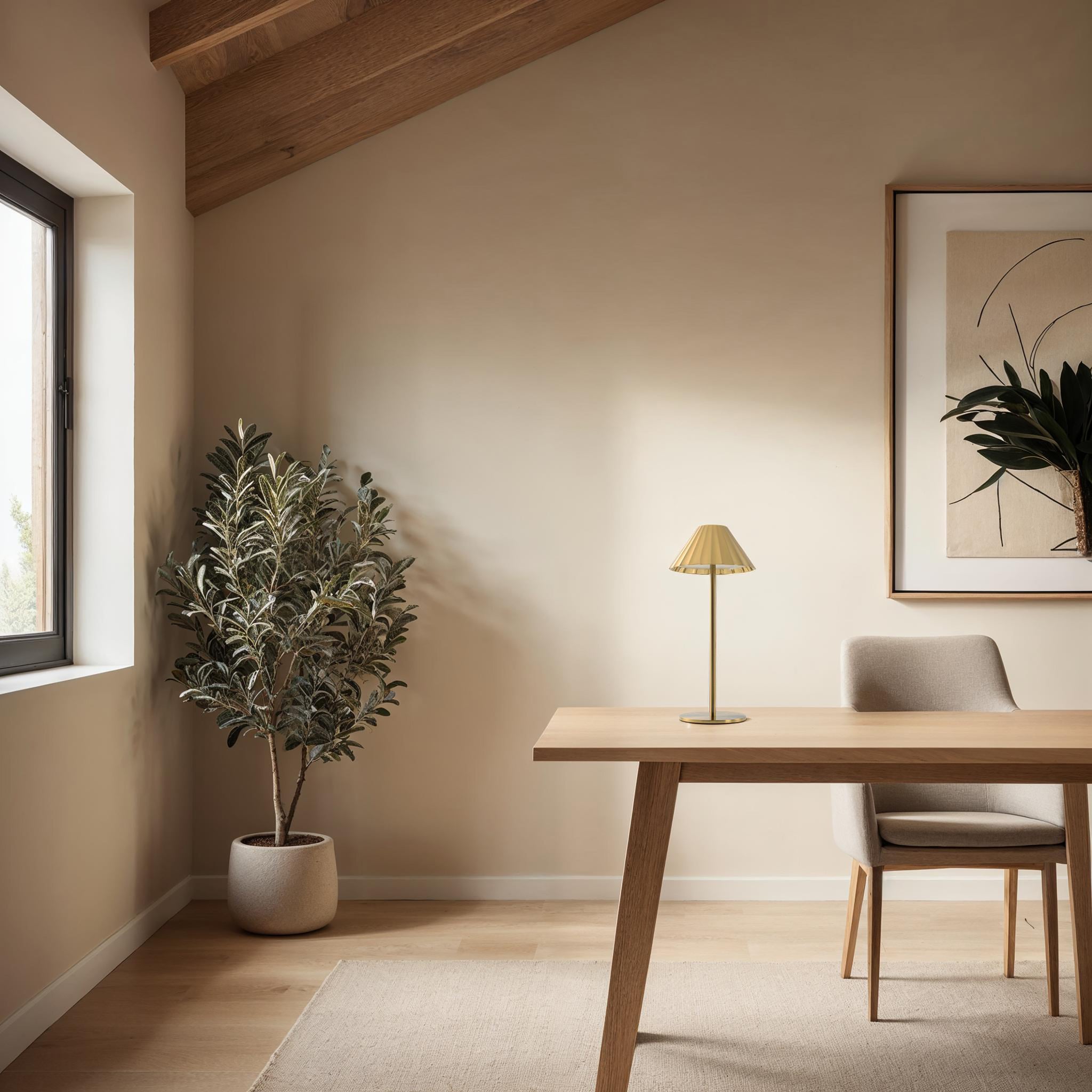 Ginevra table lamp in a modern workspace with a wooden desk and plant.