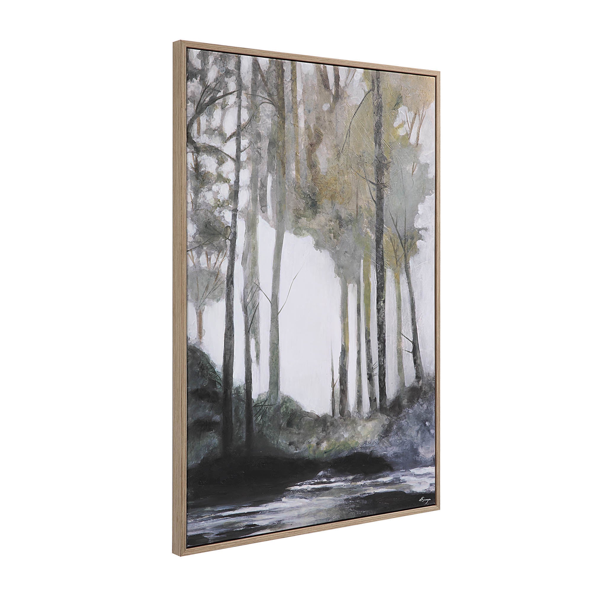 Catania canvas art displayed at an angle, showcasing a forest landscape in soft greys and greens.