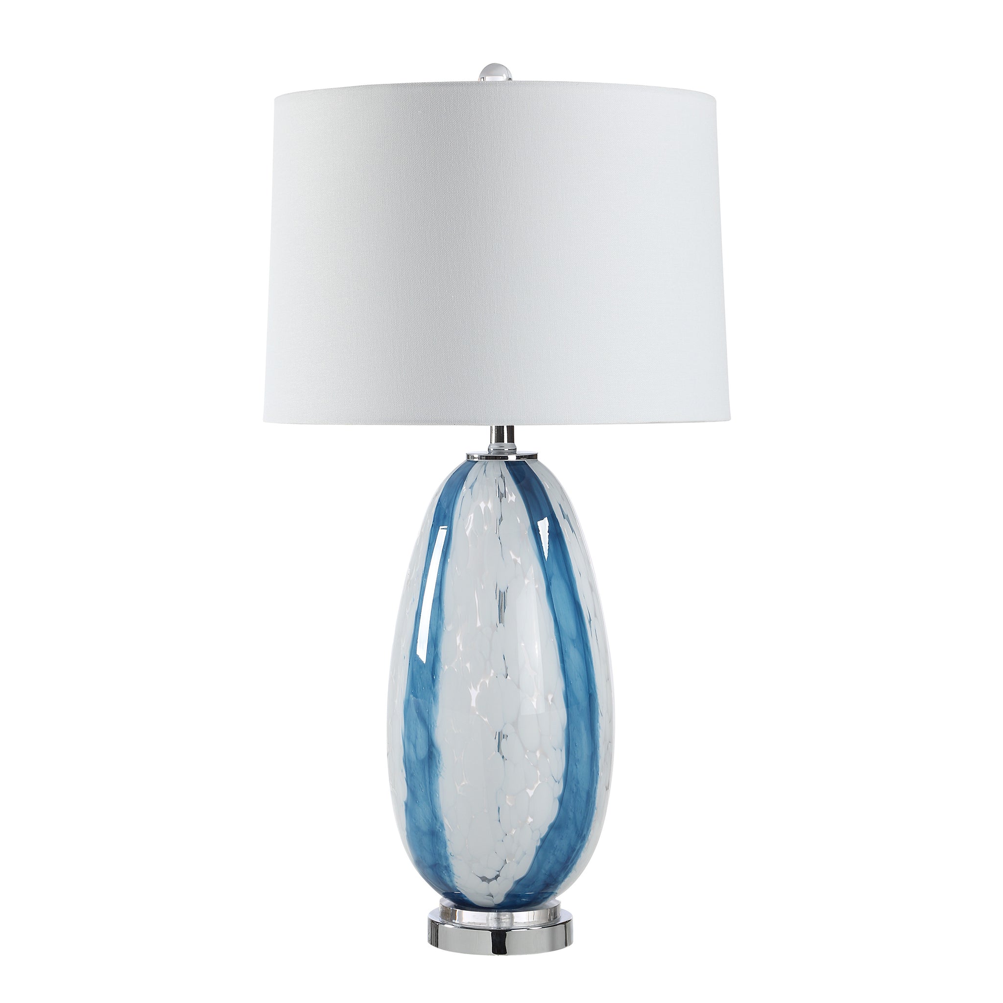 Solis Table Lamp showcasing a blue and white glass design with a white fabric shade.