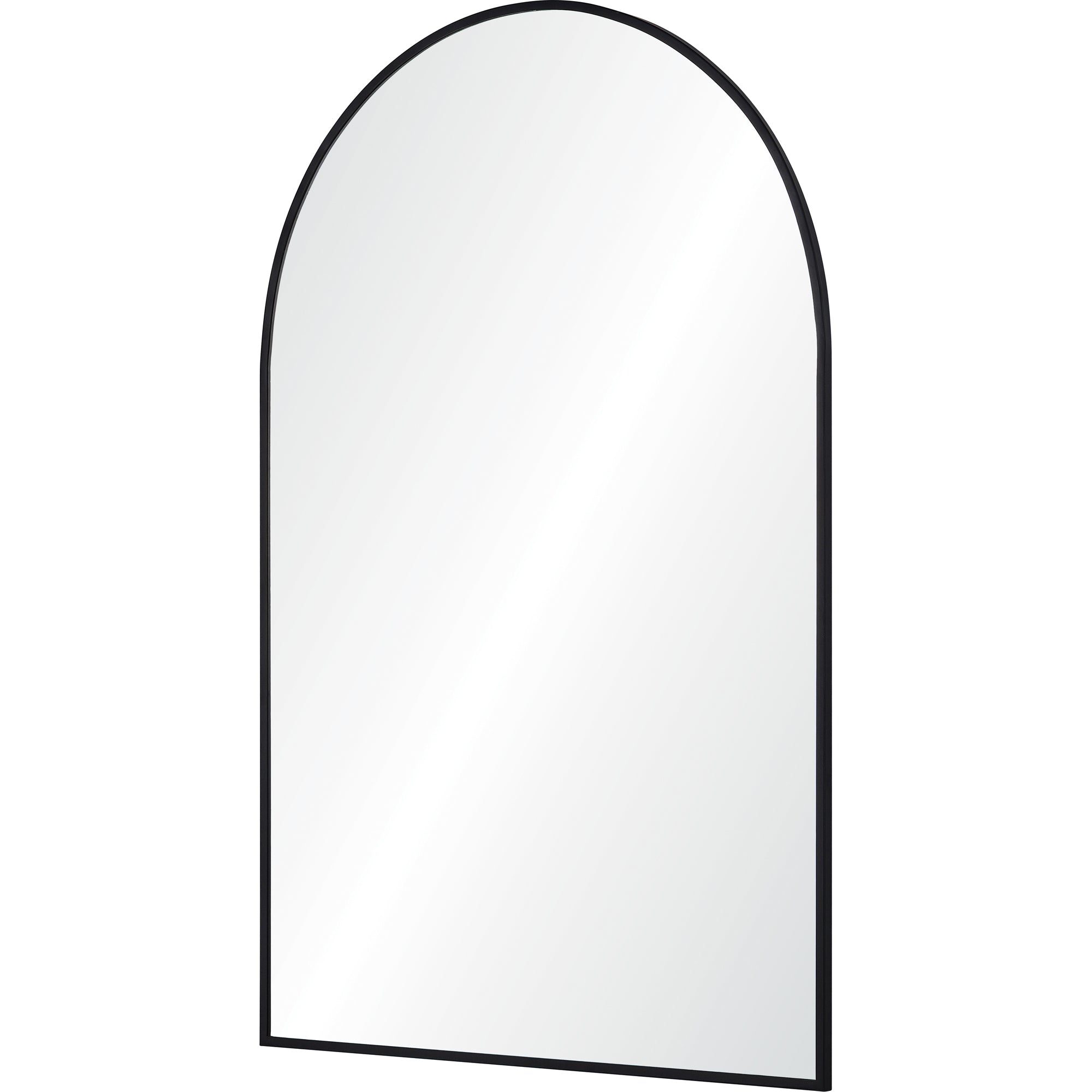 Waren Wall Mirror featuring a black frame, arched design, viewed at an angle.