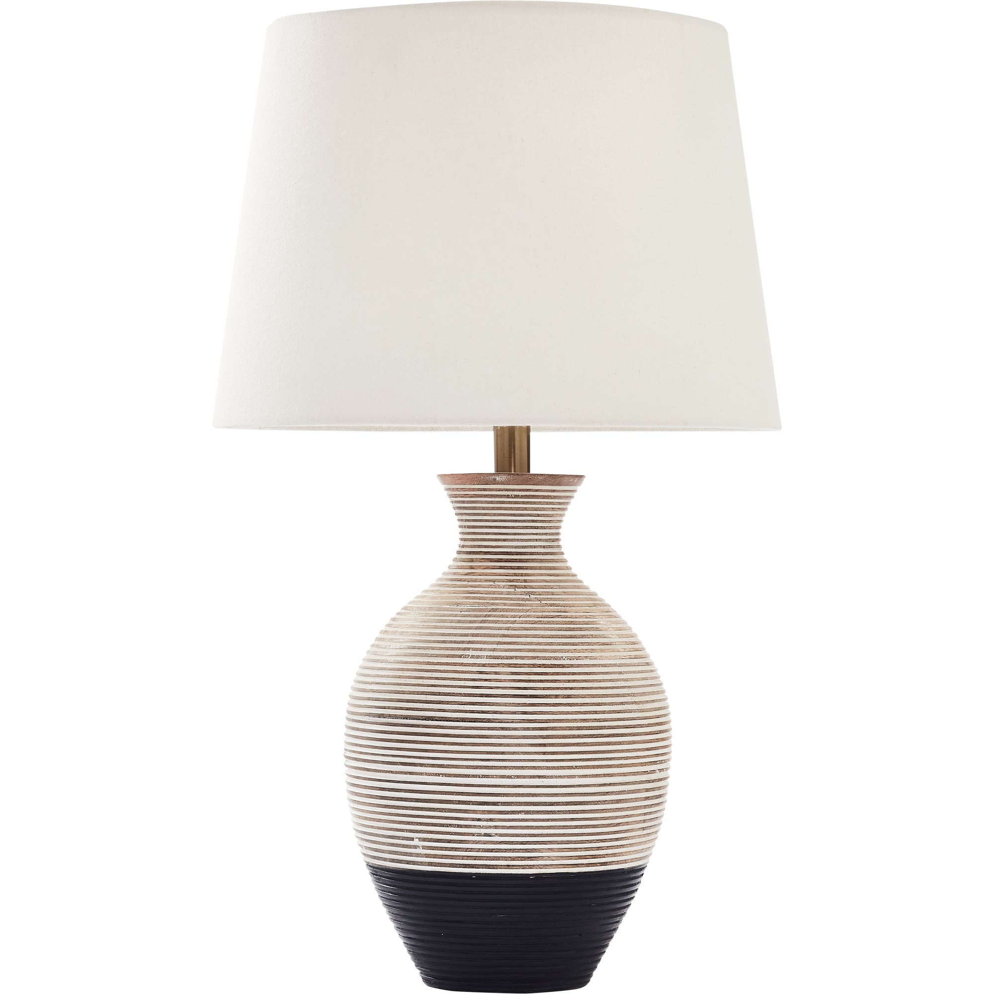Ignacio Table Lamp with a striped ceramic base in beige and black, topped with a white fabric shade.