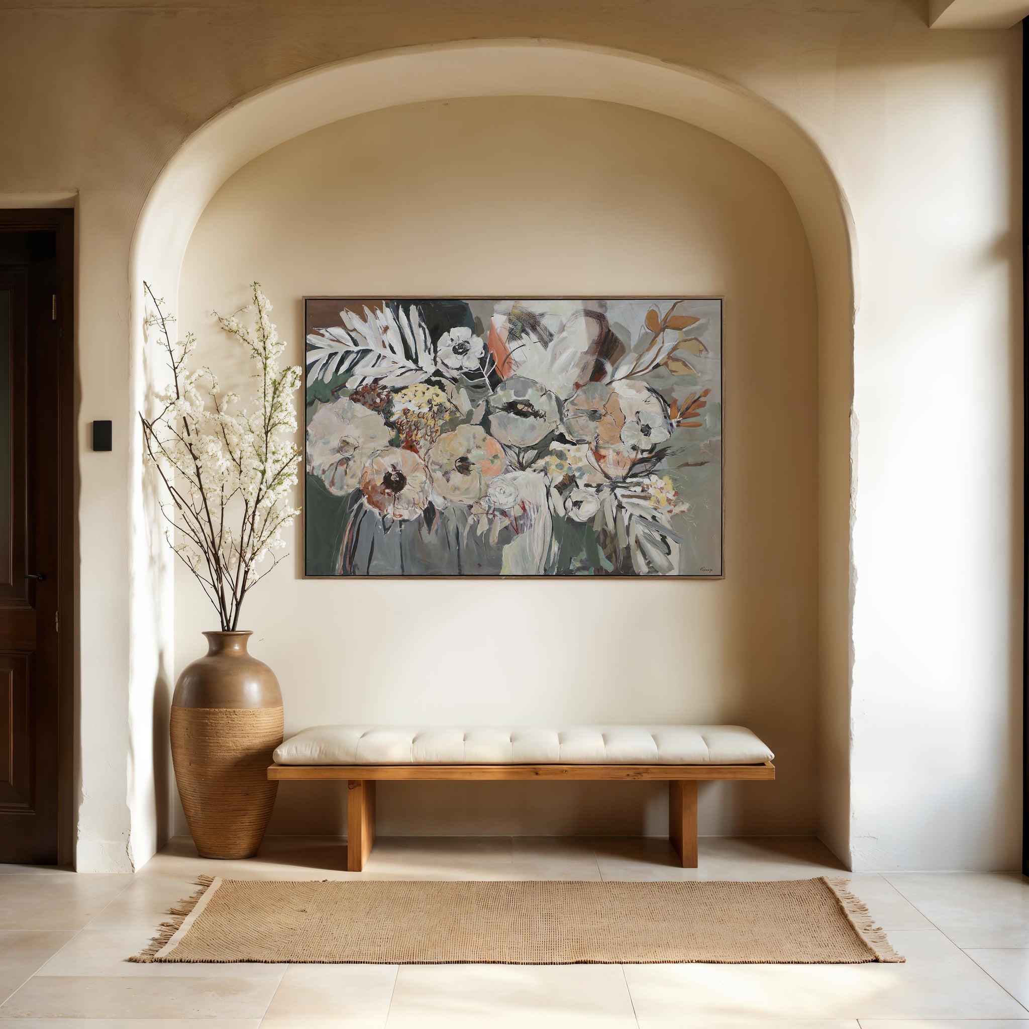 Paine canvas art featuring a floral arrangement in soft colors, framed and displayed in a cozy interior.