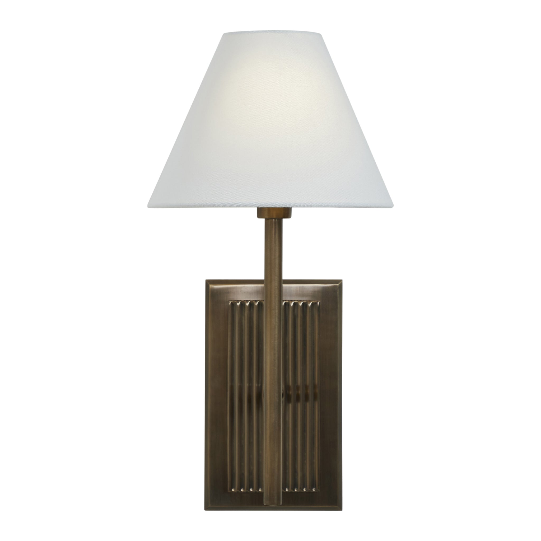 Solaria wall sconce illuminated, showcasing a white shade and bronze base with ribbed detailing.