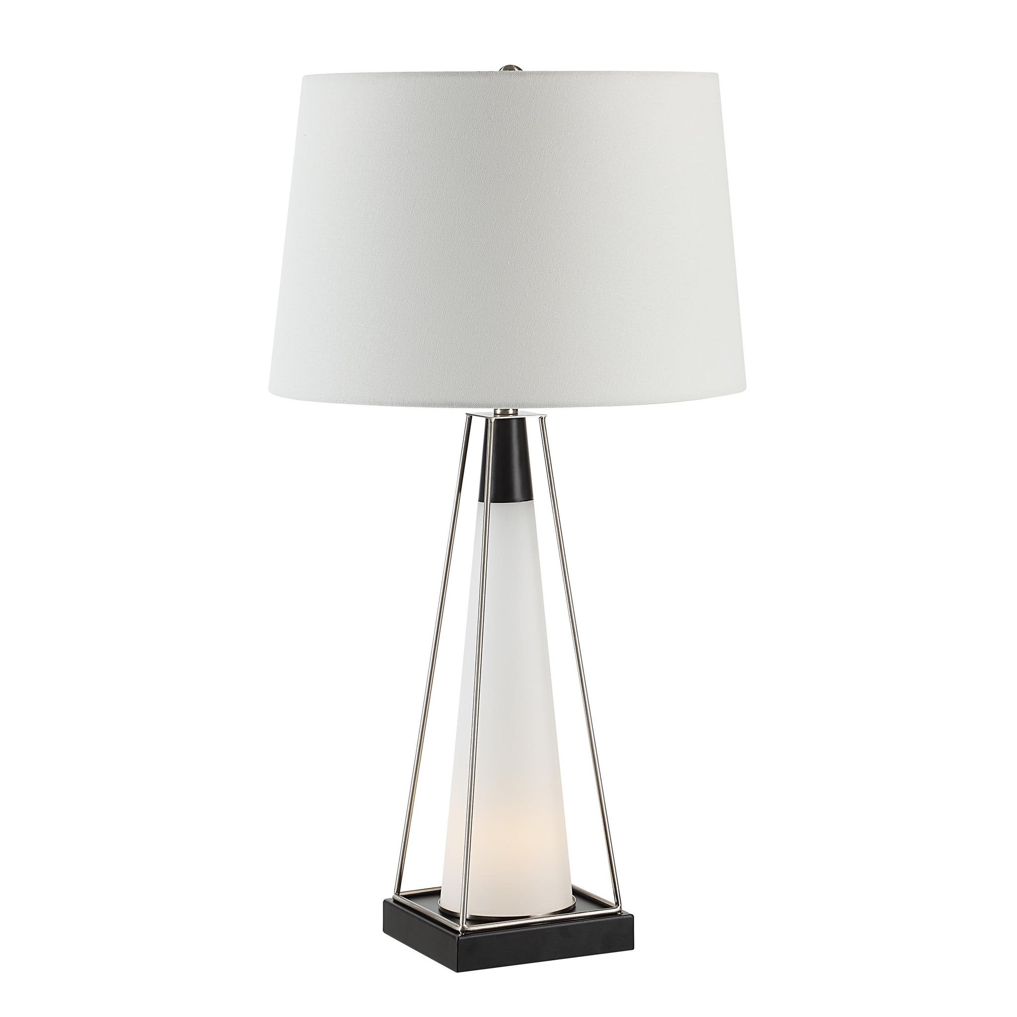Navagio Table Lamp with a lit base, featuring a white shade and a contemporary black and white design.