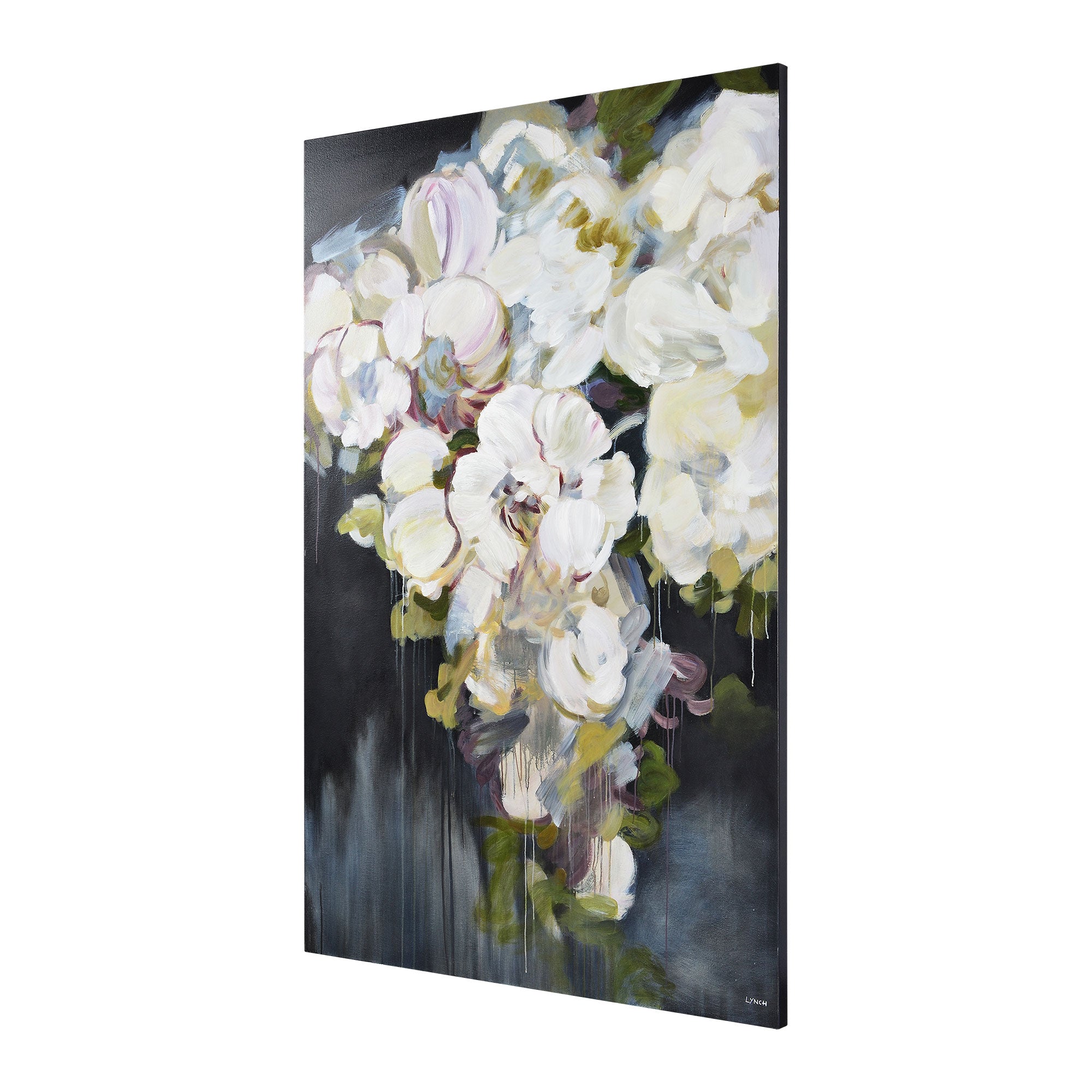 Gables canvas art showing white flowers with a dark backdrop, angled view highlighting texture.