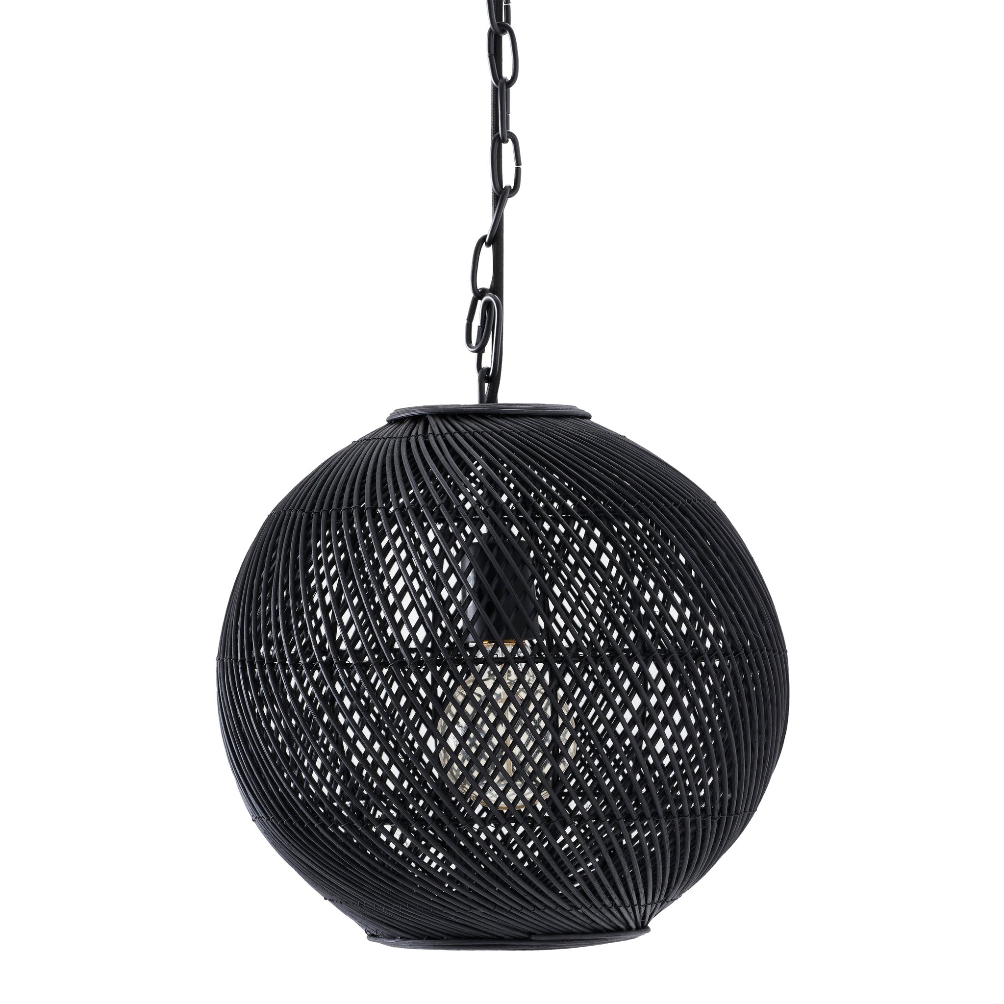 Romika ceiling light fixture in black, round woven design with visible light bulb.