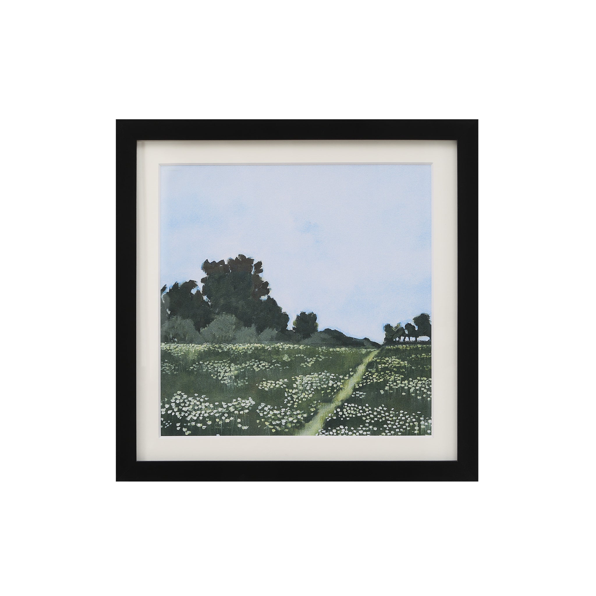 Olmo Canvas Art featuring a landscape with trees and flowers, framed in black.