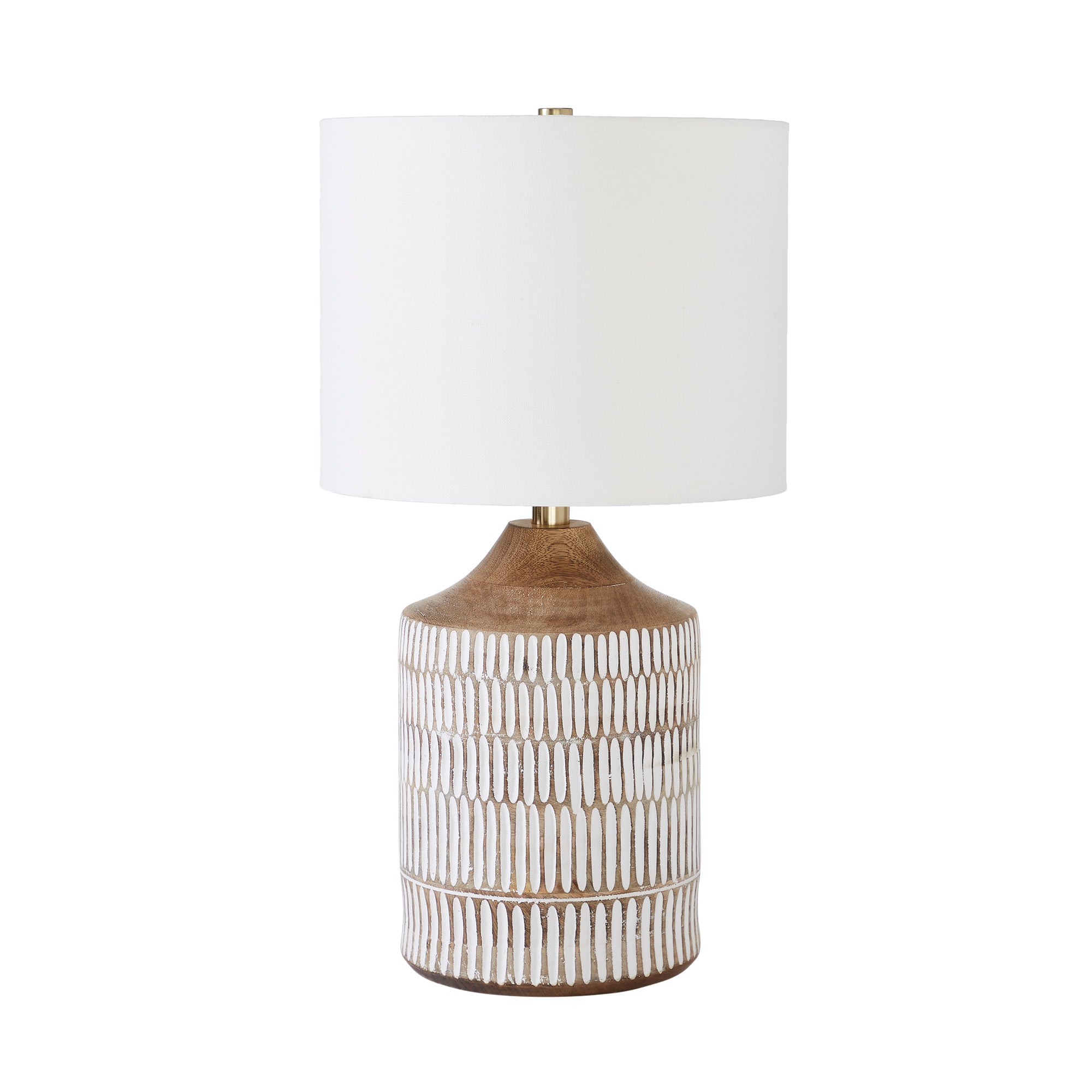 Wickes Table Lamp by Renwil with a white drum shade and textured brown base.