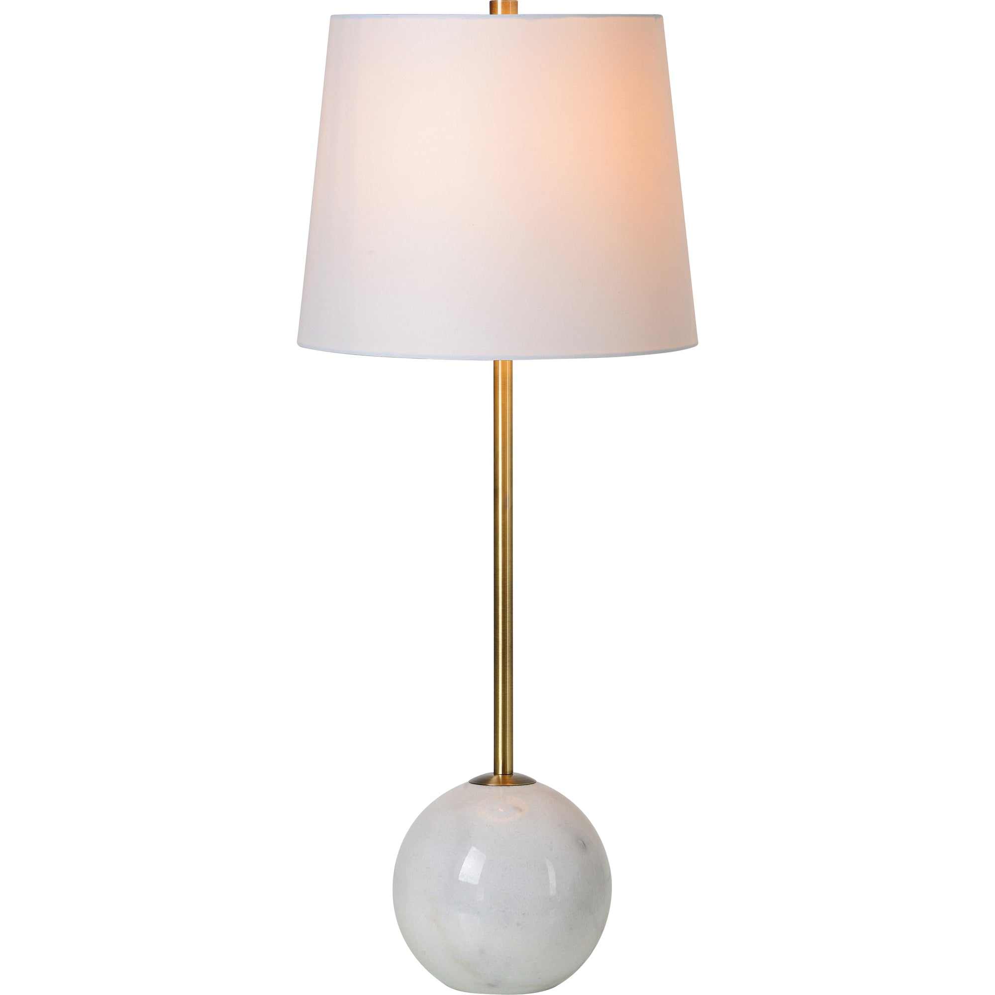 Naomi Table Lamp with white shade illuminated, showcasing marble base and brass details.
