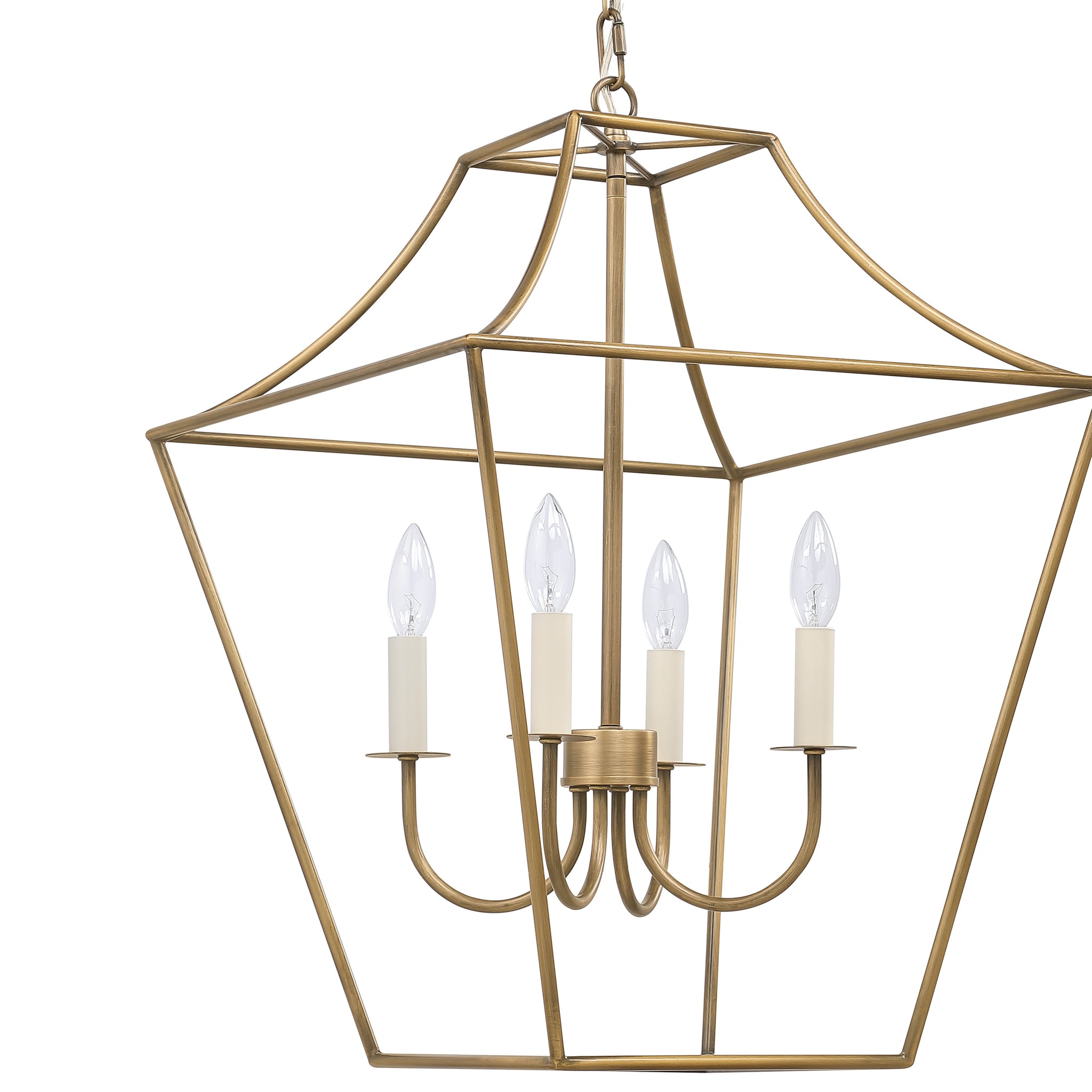 Close-up of Versailles pendant light with gold frame and four candle-style bulbs.
