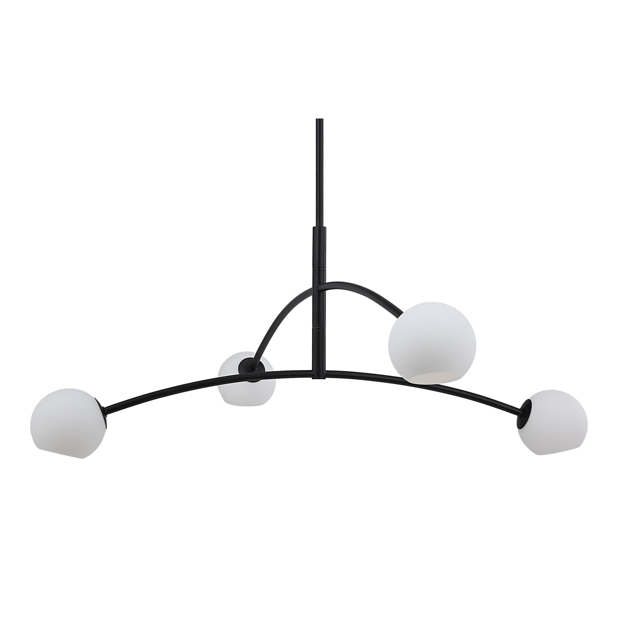 Nube Ceiling Fixture chandelier featuring five white globes on black metal framework, angled view.